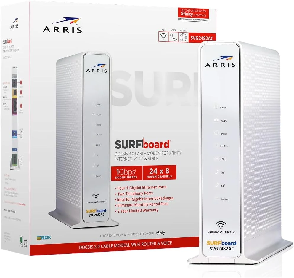 مودم کابلی ARRIS SURFboard SVG2482AC DOCSIS 3.0 و روتر وای فای AC2350، مناسب اینترنت و تلفن خانگی، چهار پورت 1 گیگابیت بر ثانیه، 2 پورت تلفن برای صدای دیجیتال، سرعت تا 800 مگابیت بر ثانیه مودم کابلی ARRIS SURFboard SVG2482AC DOCSIS 3.0 و روتر وای فای AC2350، مناسب اینترنت و تلفن خانگی، چهار پورت 1 گیگابیت بر ثانیه، 2 پورت تلفن برای صدای دیجیتال، سرعت تا 800 مگابیت بر ثانیه