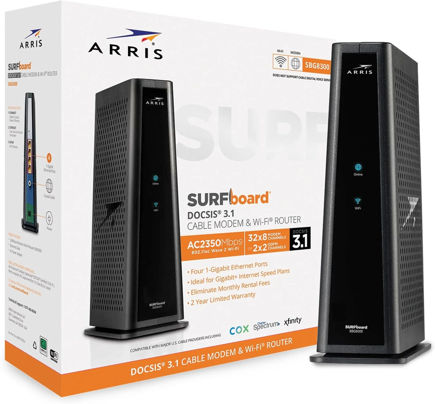 مودم روتر کابلی ARRIS (SBG8300-RB) - گیگابیتی سریع DOCSIS 3.1 و وای فای AC2350، سازگار با Comcast Xfinity، Cox، Spectrum و غیره، حداکثر سرعت اینترنت 1 گیگابیت در ثانیه، 4 کانال OFDM - تجدید شده
