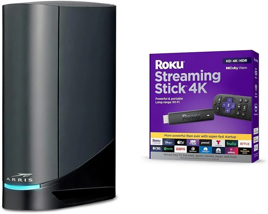 مودم کابلی چند گیگابیتی ARRIS Surfboard G36 DOCSIS 3.1 و روتر وای فای AX3000، سازگار با Comcast Xfinity و استریمینگ استیک Roku | دستگاه استریمینگ قابل حمل Roku با کیفیت 4K/HDR/Dolby Vision