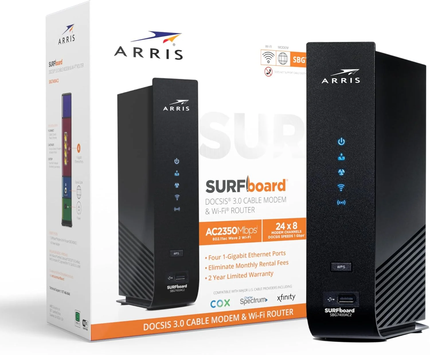 مودم کابلی ARRIS Surfboard SBG7400AC2-RB DOCSIS 3.0 و روتر وای فای AC2350، تایید شده برای Comcast Xfinity، Cox، Charter Spectrum و غیره، چهار پورت 1 گیگابیت بر ثانیه، حداکثر سرعت اینترنت 800 مگابیت بر ثانیه - بازسازی شده