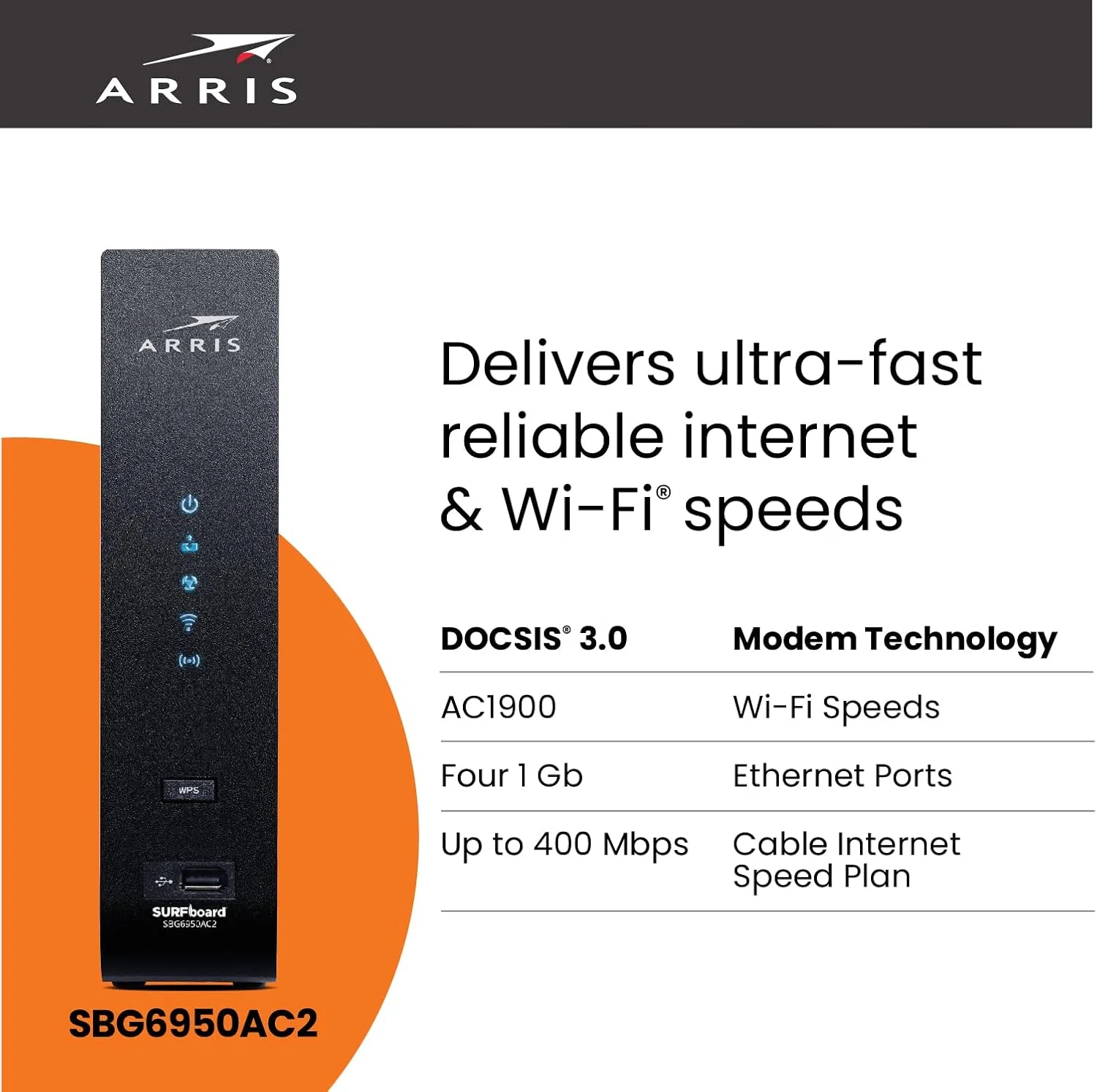 مودم کابلی ARRIS Surfboard SBG7400AC2-RB DOCSIS 3.0 و روتر وای فای AC2350، تایید شده برای Comcast Xfinity، Cox، Charter Spectrum و غیره، چهار پورت 1 گیگابیت بر ثانیه، حداکثر سرعت اینترنت 800 مگابیت بر ثانیه - بازسازی شده