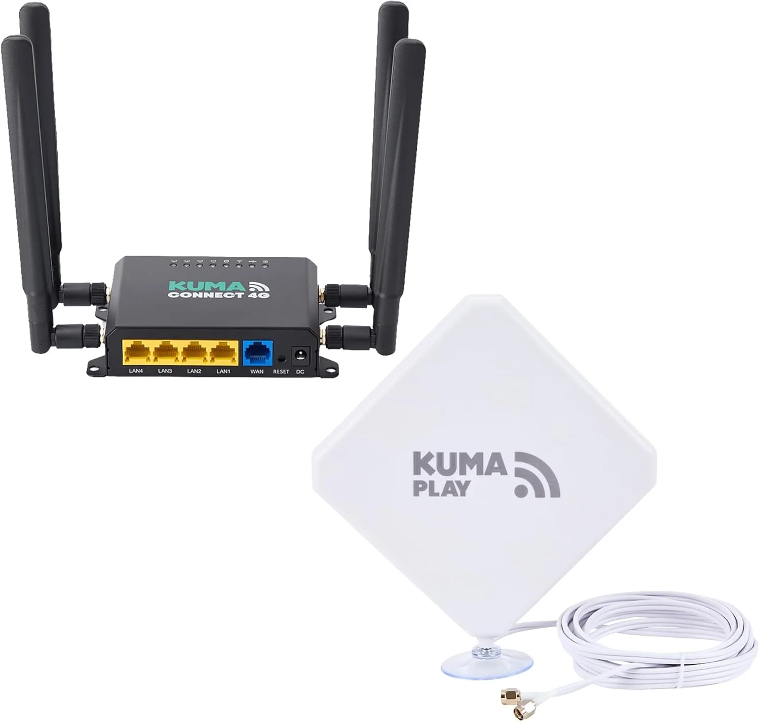 کیت وای فای KUMA Connect Play 4G | هات اسپات موبایل برای اینترنت پایدار RV | مودم و روتر سیم کارت 32 دستگاه را متصل می کند | شامل آنتن MIMO با پایه مکنده شیشه | برای کمپینگ، خانه و کار از راه دور