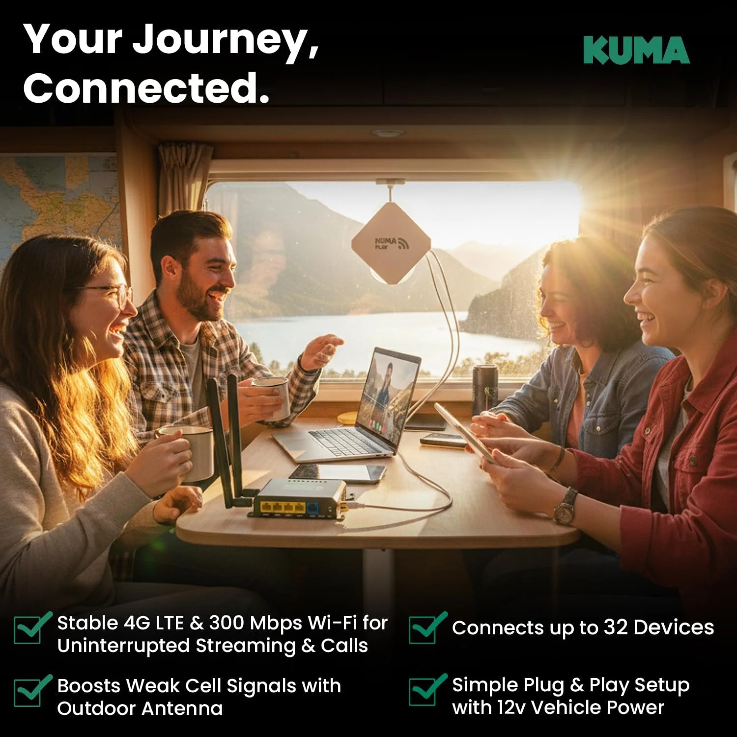 کیت وای فای KUMA Connect Play 4G | هات اسپات موبایل برای اینترنت پایدار RV | مودم و روتر سیم کارت 32 دستگاه را متصل می کند | شامل آنتن MIMO با پایه مکنده شیشه | برای کمپینگ، خانه و کار از راه دور