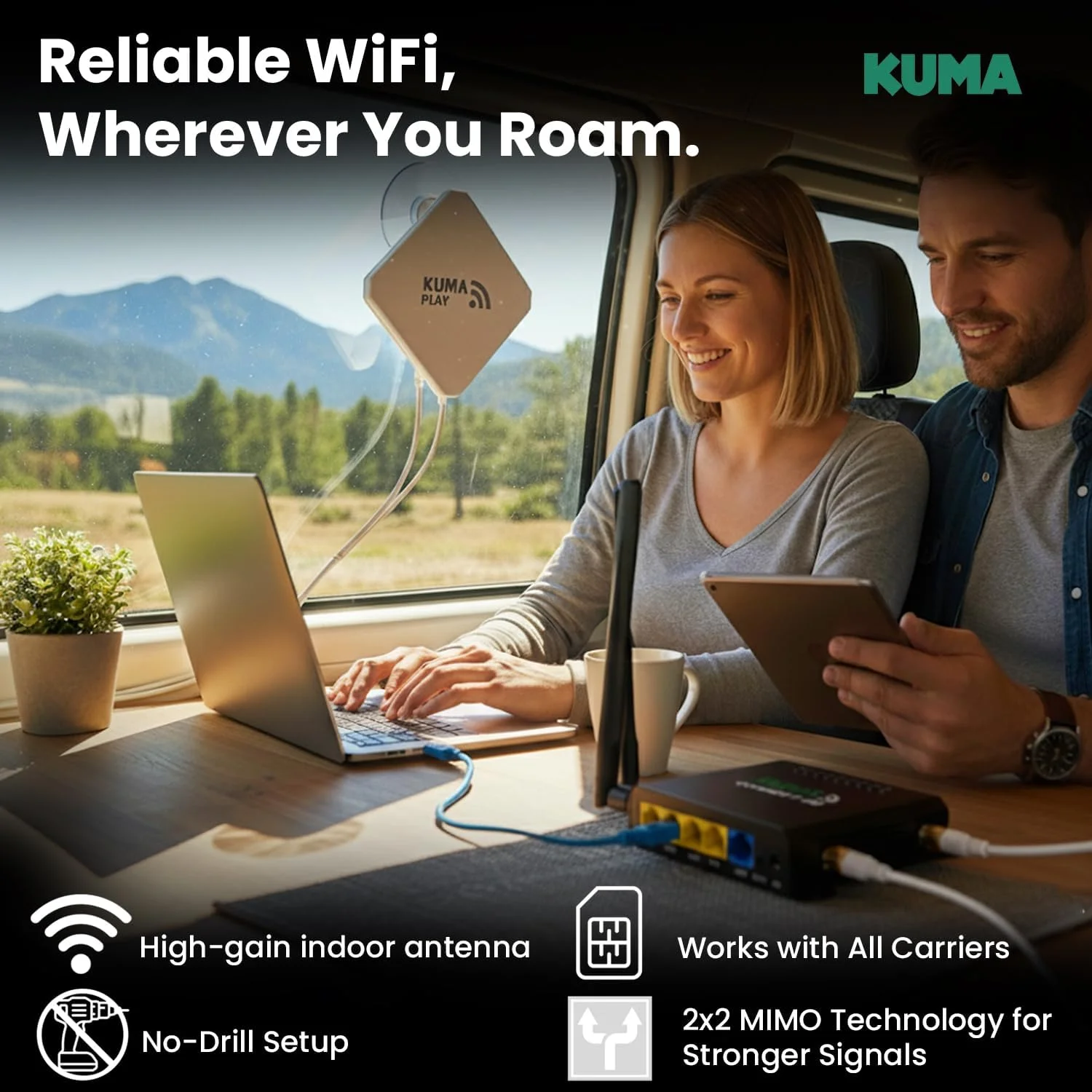 کیت وای فای KUMA Connect Play 4G | هات اسپات موبایل برای اینترنت پایدار RV | مودم و روتر سیم کارت 32 دستگاه را متصل می کند | شامل آنتن MIMO با پایه مکنده شیشه | برای کمپینگ، خانه و کار از راه دور