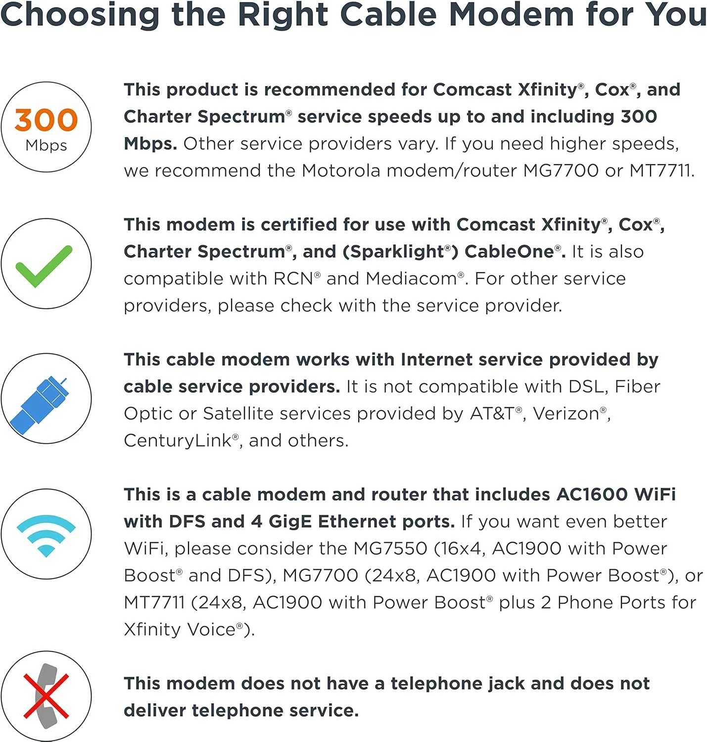 مودم کابلی موتورولا MG7540 16x4 به همراه روتر گیگابیتی وای فای دو بانده AC1600 با DFS، حداکثر سرعت 686 مگابیت بر ثانیه DOCSIS 3.0 - تایید شده توسط کامکست Xfinity، Cox، Charter Spectrum و غیره