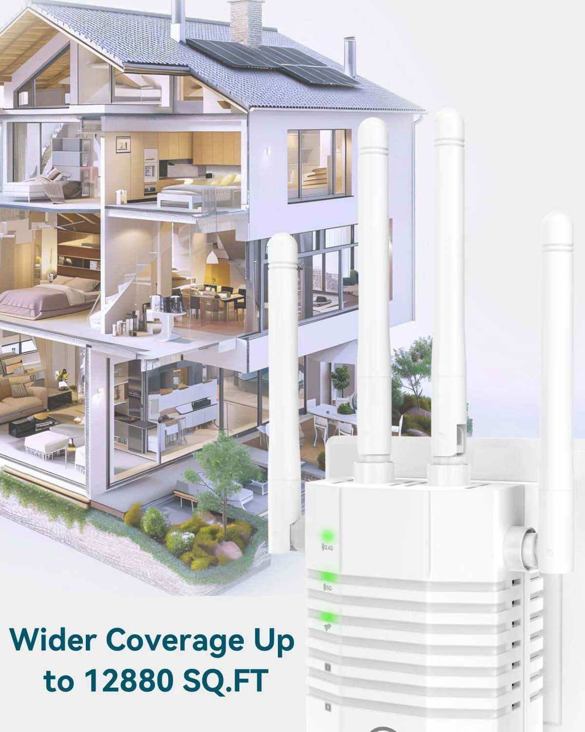 تقویت کننده سیگنال وای فای دو بانده 1200 مگابیت بر ثانیه، توسعه دهنده وای فای با 4 آنتن، پوشش دهنده تا 12880 فوت مربع و 105 دستگاه، تکرار کننده وای فای با تقویت کننده سیگنال دیواری برای خانه