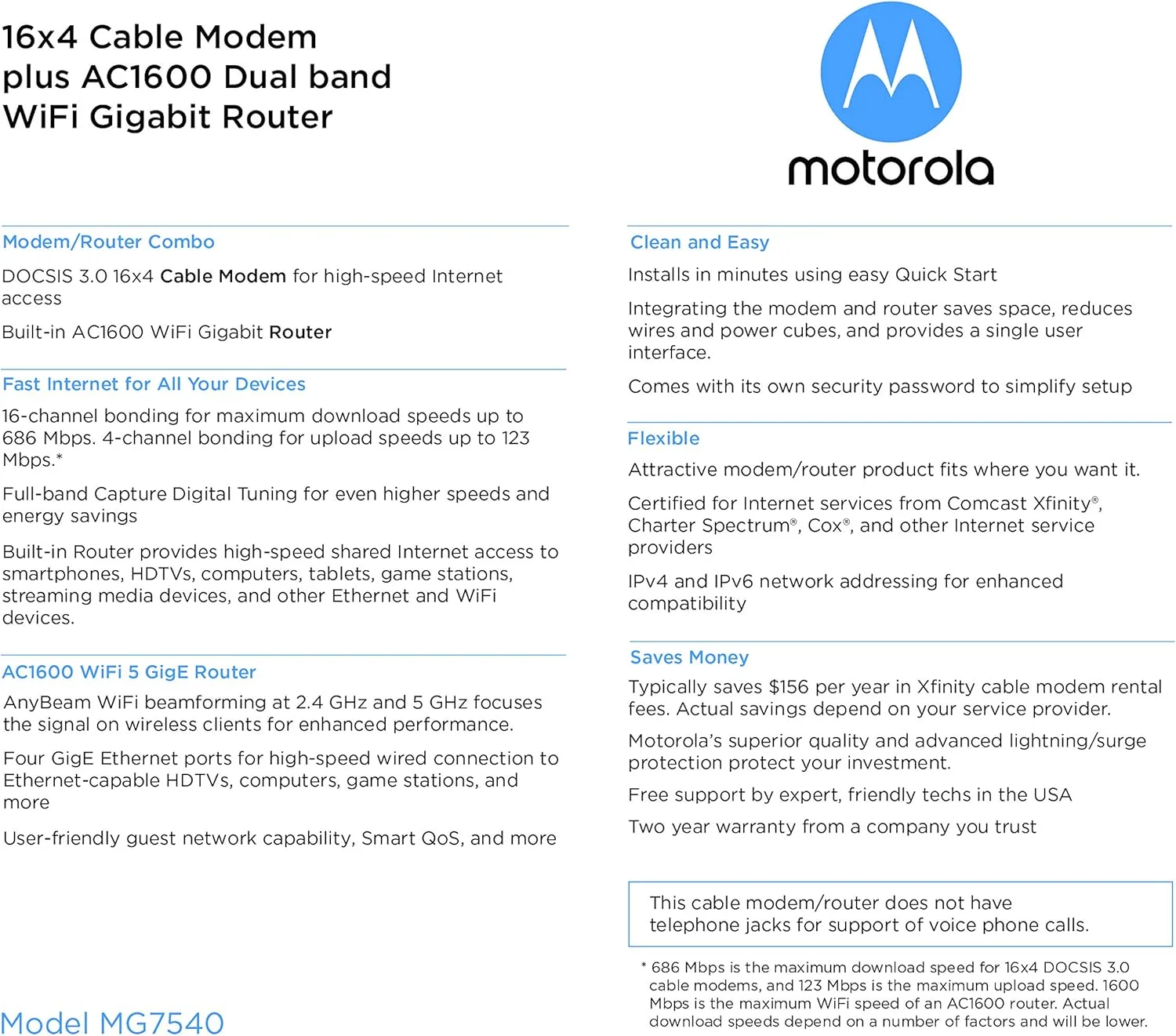 مودم کابلی موتورولا MG7540 16x4 به همراه روتر گیگابیتی وای فای دو بانده AC1600 با DFS، حداکثر سرعت 686 مگابیت بر ثانیه DOCSIS 3.0 - تایید شده توسط کامکست Xfinity، Cox، Charter Spectrum و غیره