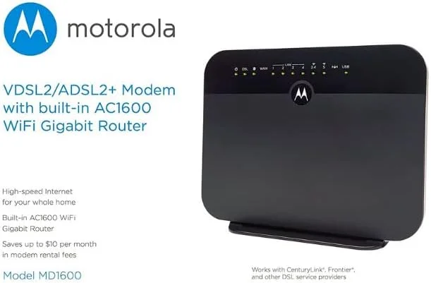 مودم VDSL2/ADSL2+ موتورولا + روتر گیگابیتی WiFi AC1600، مدل MD1600، برای DSL غیر پیوندی و غیر برداری از Frontier و برخی دیگر از ارائه دهندگان DSL (بازسازی شده)
