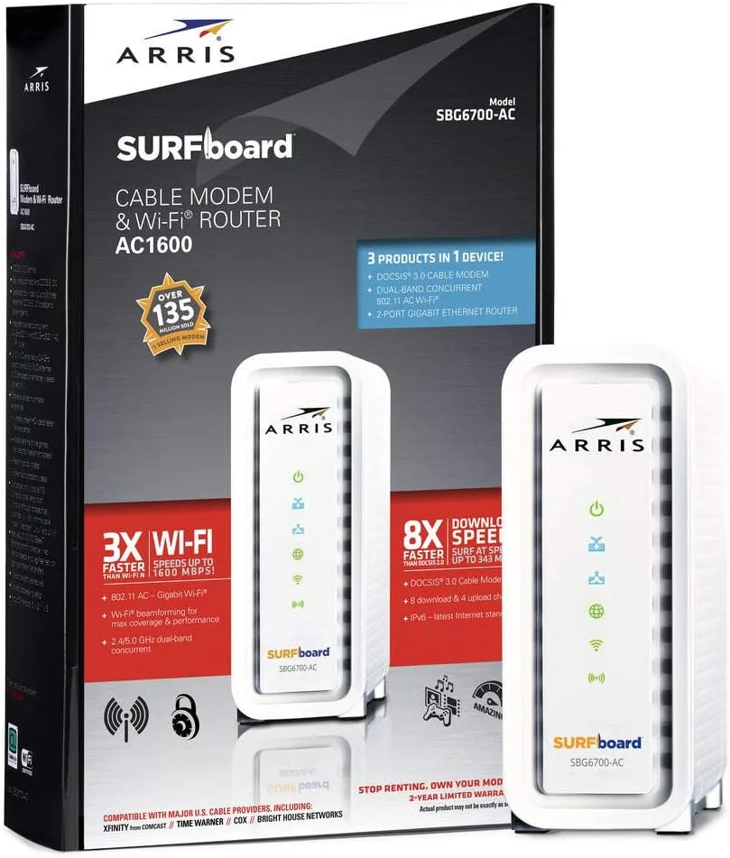 مودم کابلی آریس Surfboard SBG6700AC DOCSIS 3.0 و روتر وای فای AC1600 - بسته بندی خرده فروشی - سفید، مدل: SBG6700AC، فروشگاه لوازم الکترونیکی و بیشتر
