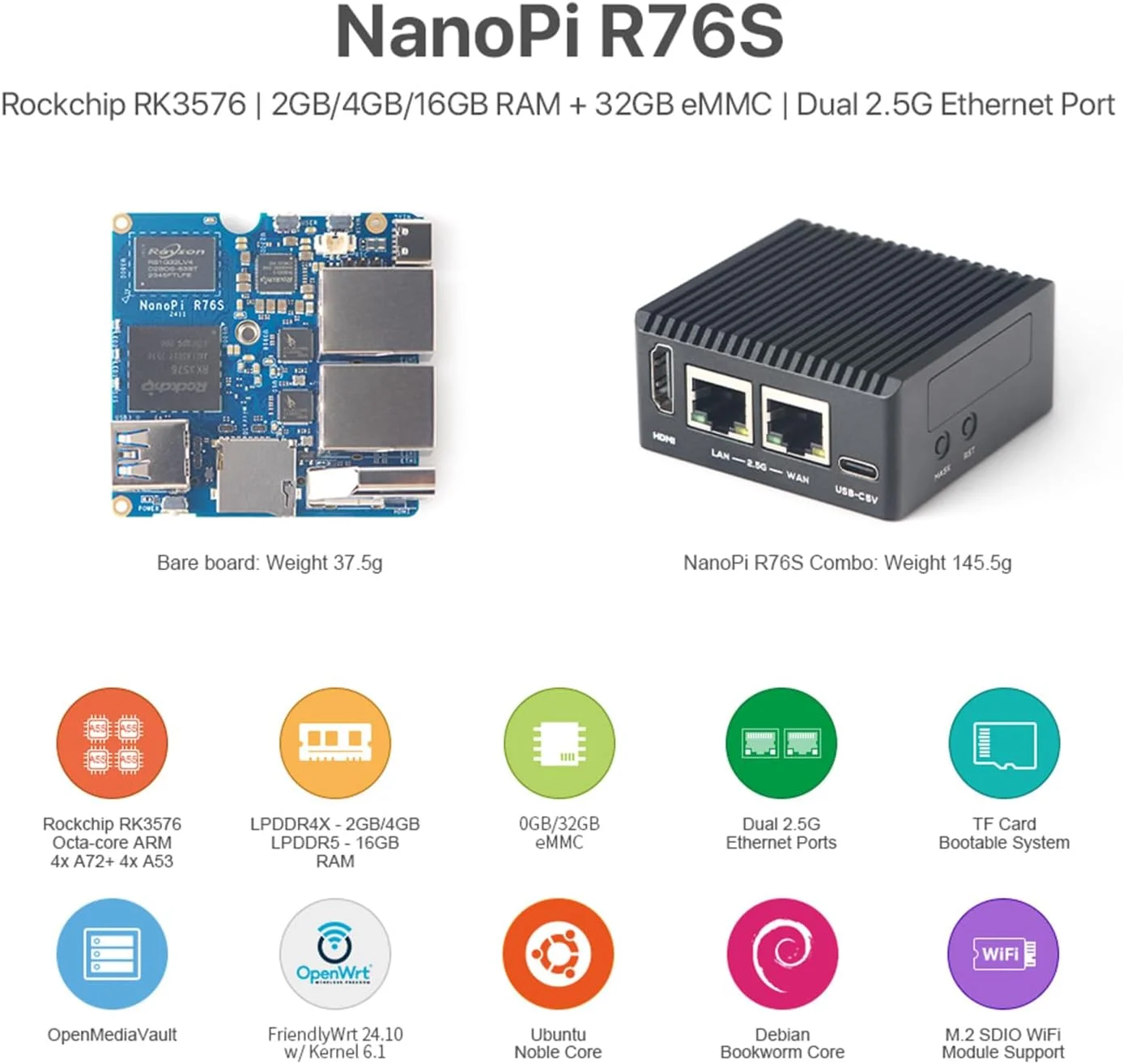 مینی روتر NanoPi R76S، مجهز به پردازنده RK3576 هشت هسته ای با مدل هوش مصنوعی، رم LPDDR5 16 گیگابایتی و eMMC 32 گیگابایتی، NPU با قدرت 6TOPS، دو پورت اترنت 2.5G، پشتیبانی از ماژول وای فای M.2 (بدون وای فای M.2، LPDDR4X16GB، استاندارد)
