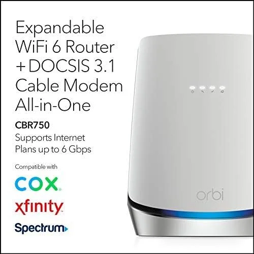 مودم روتر کابلی NETGEAR Orbi WiFi 6 با مودم کابلی داخلی DOCSIS 3.1 (CBR750) | پوشش تا 230 متر مربع، مناسب برای بیش از 40 دستگاه | AX4200 (تا 4.2 گیگابیت بر ثانیه) (بازسازی شده)