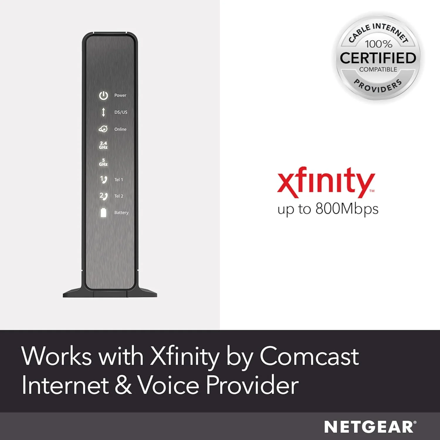 مودم روتر کابلی وای فای NETGEAR Nighthawk C7100V - پشتیبانی از طرح های اینترنت و تلفن کابلی Xfinity تا 600 مگابیت بر ثانیه، 2 خط تلفن، سرعت وای فای AC1900، DOCSIS 3.0