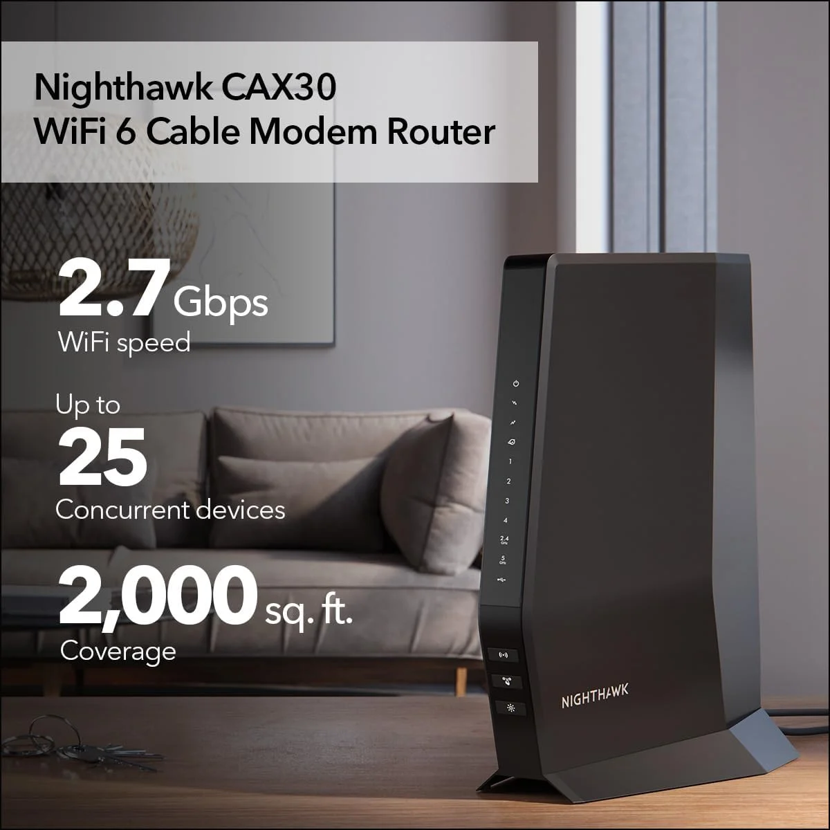 مودم روتر کابلی NETGEAR Nighthawk (CAX30) DOCSIS 3.1 و روتر WiFi 6 - AX2700 2.7 گیگابیت بر ثانیه - سازگار با Xfinity، Spectrum، Cox و غیره - اینترنت بی سیم گیگابیتی