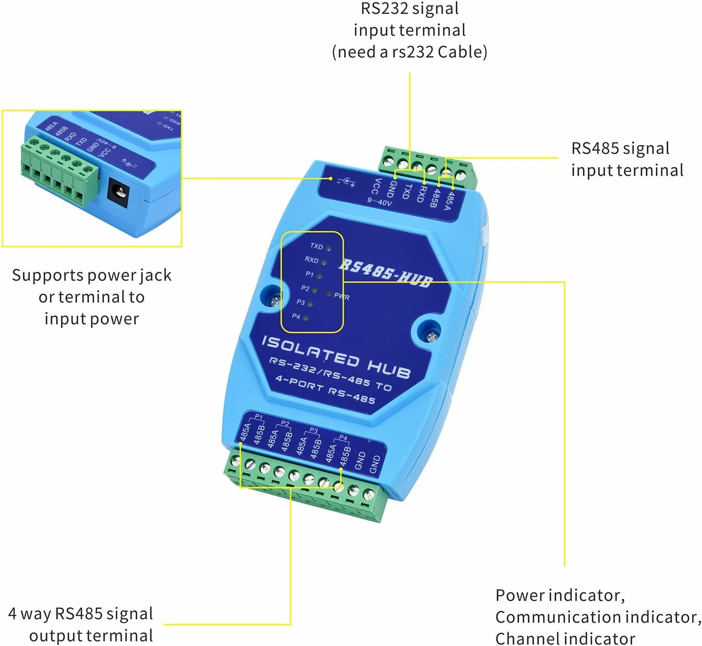 تکرار کننده/هاب RS485 از RS232/RS485 به 4 پورت RS485، ایزولاتور نوری، درجه صنعتی، هاب RS485 با 4 ورودی و 1 خروجی، تقویت کننده سیگنال ضد تداخل (آبی) تکرار کننده/هاب RS485 از RS232/RS485 به 4 پورت RS485، ایزولاتور نوری، درجه صنعتی، هاب RS485 با 4 ورودی و 1 خروجی، تقویت کننده سیگنال ضد تداخل (آبی)