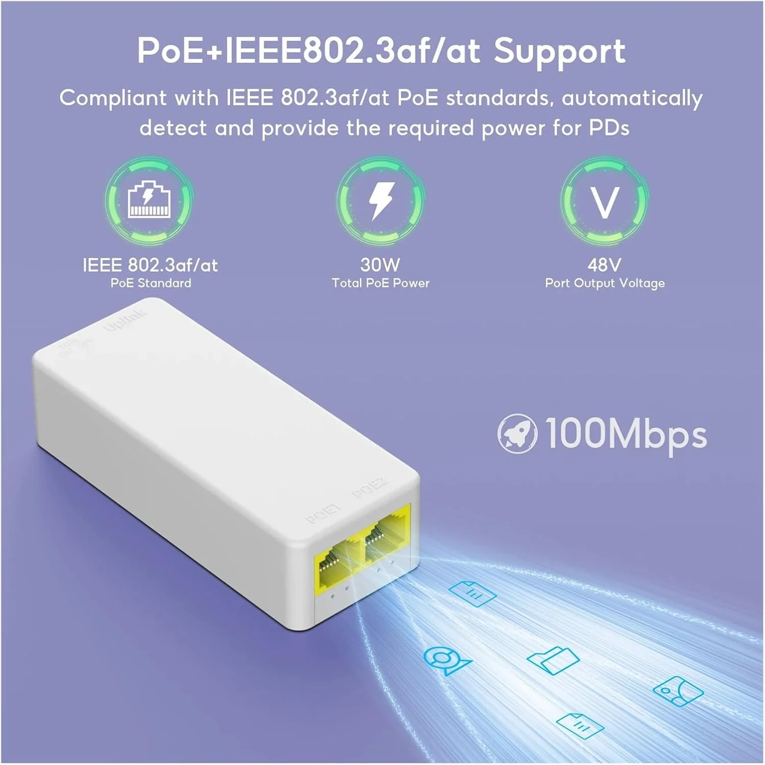 تکرار کننده 2 پورت 100M، توسعه دهنده 1 به 2، 48 ولت IEEE802.3af/at