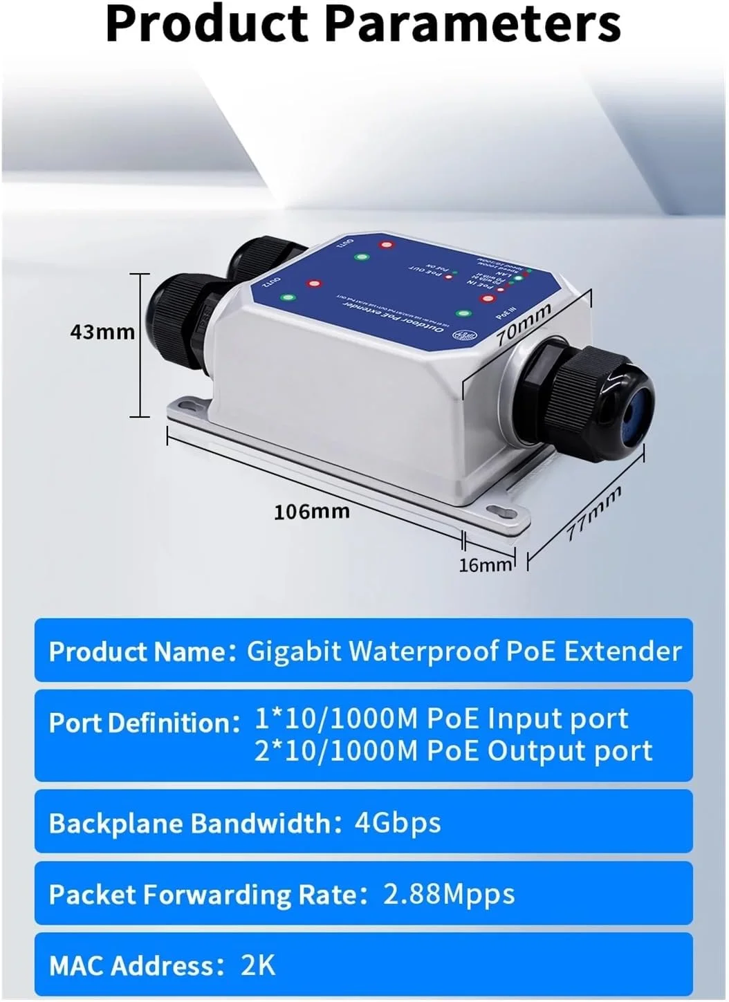 توسعه دهنده گیگابیتی P-O//E ضد آب IP67، یک به دو 1000 مگابیت بر ثانیه P-O//E، تکرار کننده IEEE802.3af/at/bt، اتصال و پخش 48 ولت 120 وات