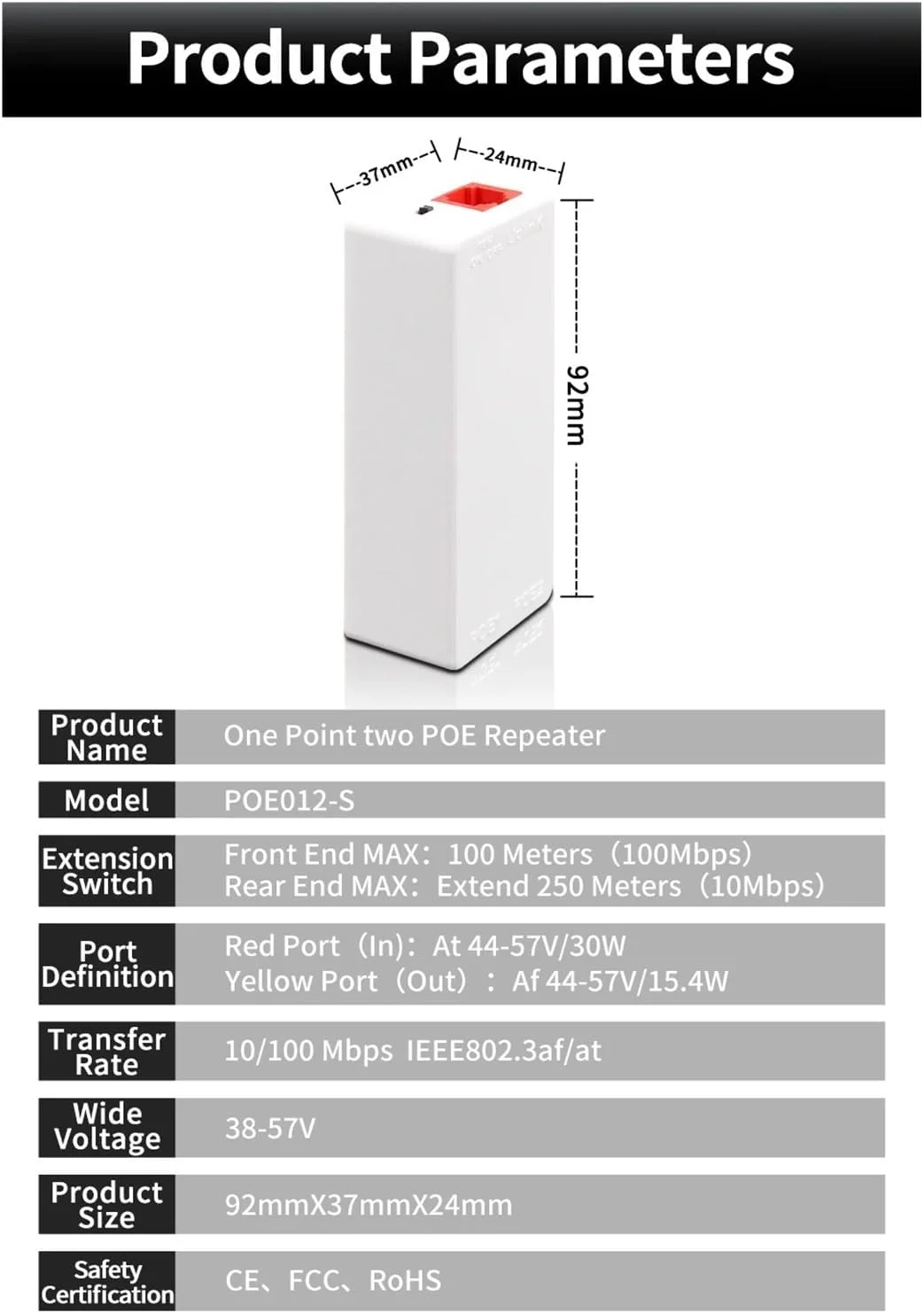 تکرار کننده دو پورت اترنت با سرعت 10/100 مگابیت بر ثانیه، توسعه دهنده اترنت یک به دو با استاندارد IEEE802.3af/at، نصب آسان 48 ولت