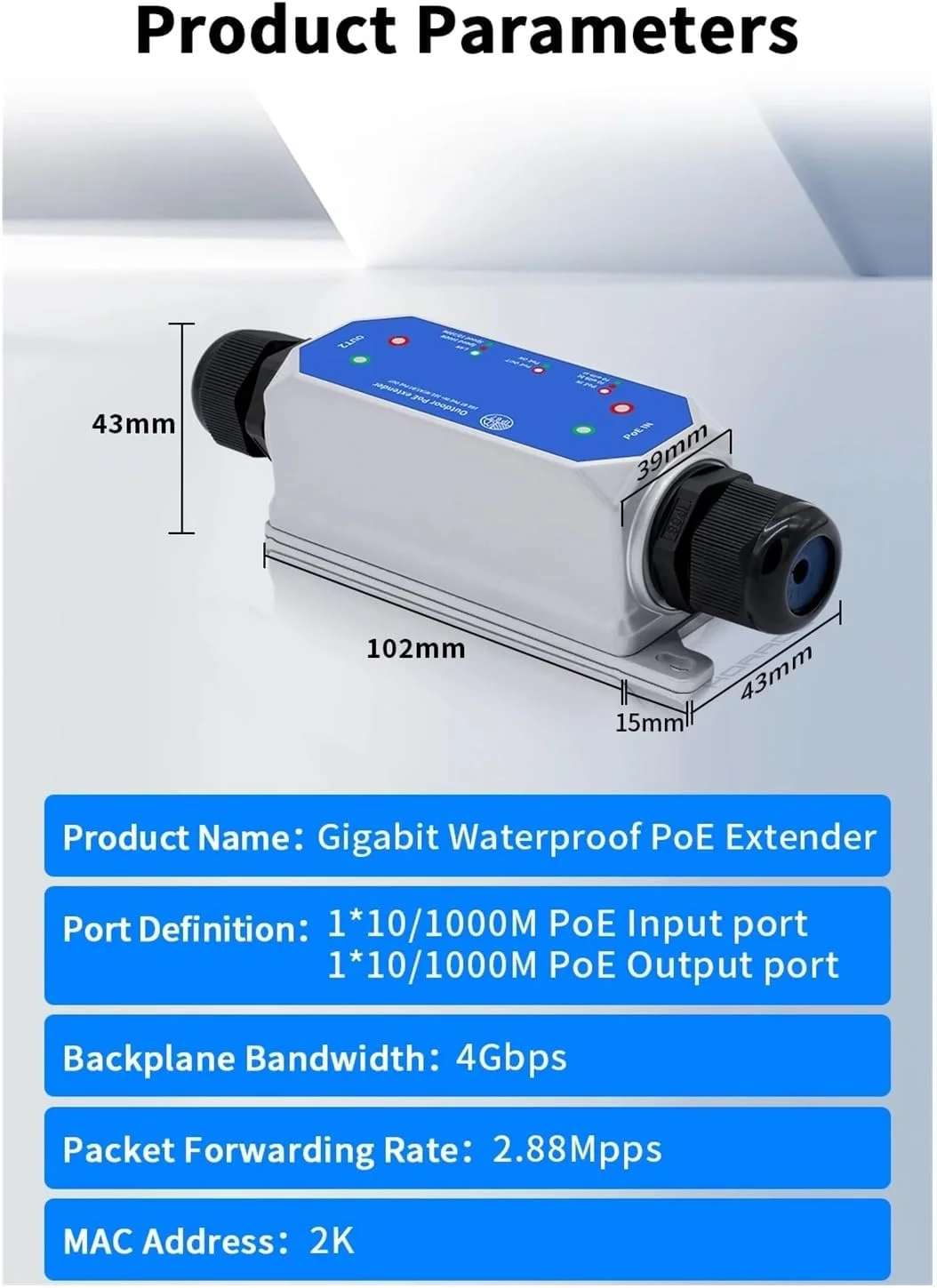 توسعه دهنده دو پورت گیگابیتی P-O//E ضد آب IP67 1000...*M تکرار کننده P-O//E IEEE802.3af/at/bt پلاگ اند پلی 48 ولت 120 وات