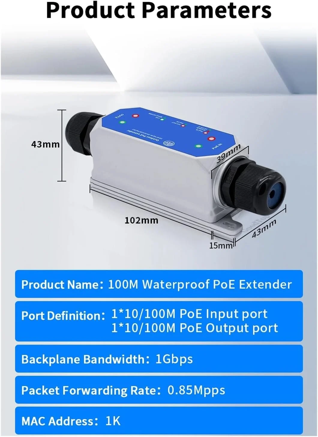 تکرار کننده P-O//E دو پورت 100 مگابیت بر ثانیه IP67 ضد آب 1 به 1 IEEE802.3af/at/bt 48V 120W