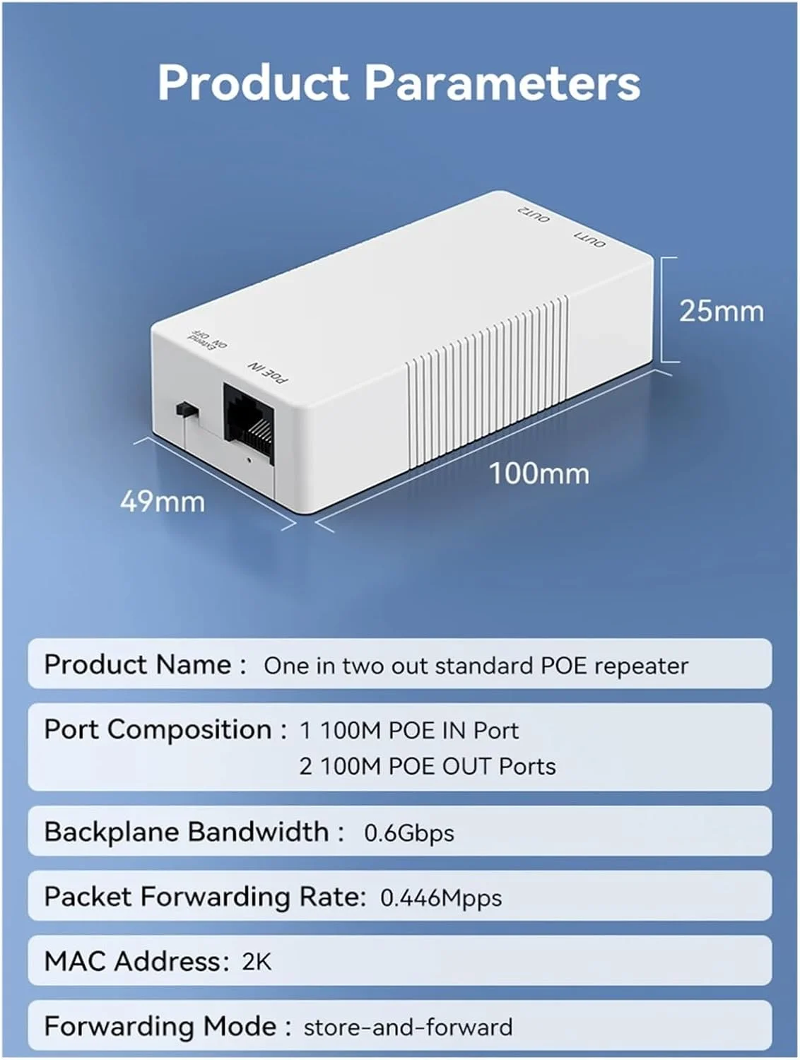 تکرار کننده دو پورت 100M P-O//E، توسعه دهنده 1 به 2 P-O//E با محافظت IEEE802.3af/at 4KV، اتصال و پخش 48V 30W