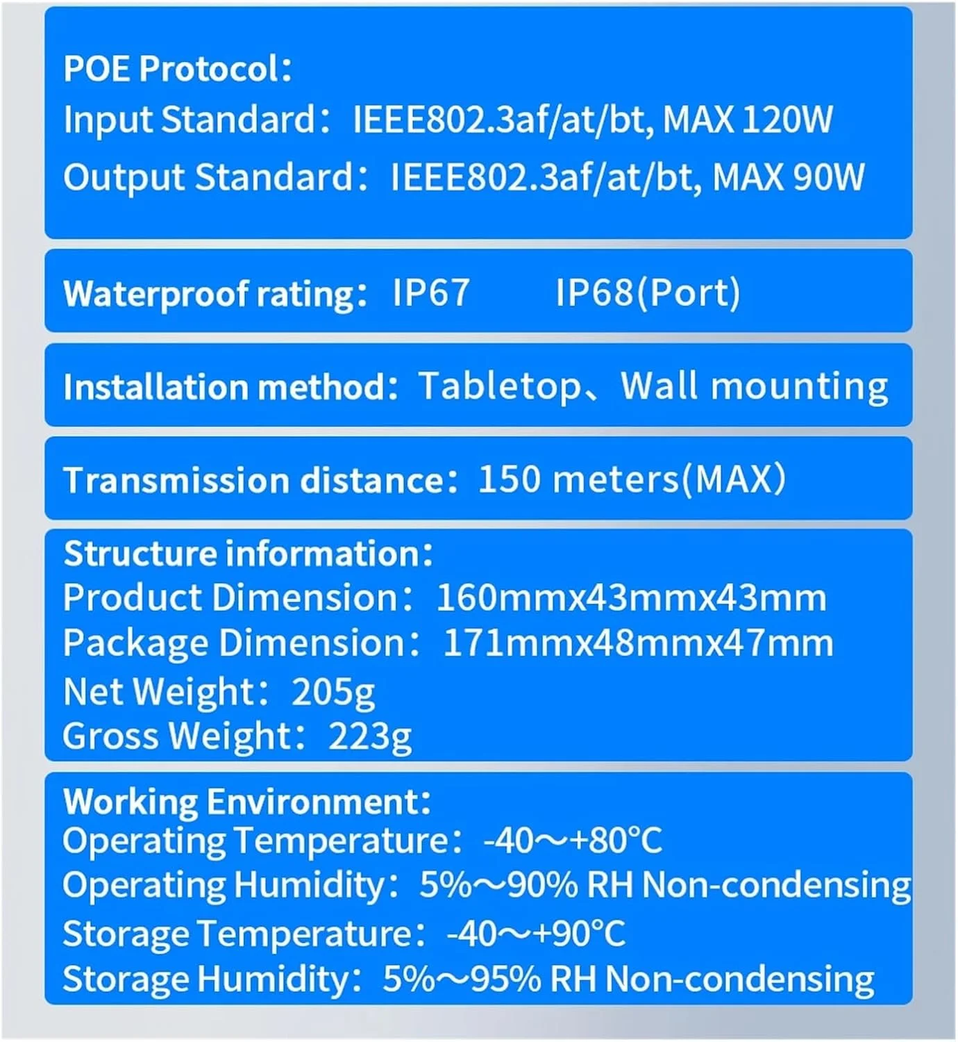 تکرار کننده P-O//E دو پورت 100 مگابیت بر ثانیه IP67 ضد آب 1 به 1 IEEE802.3af/at/bt 48V 120W