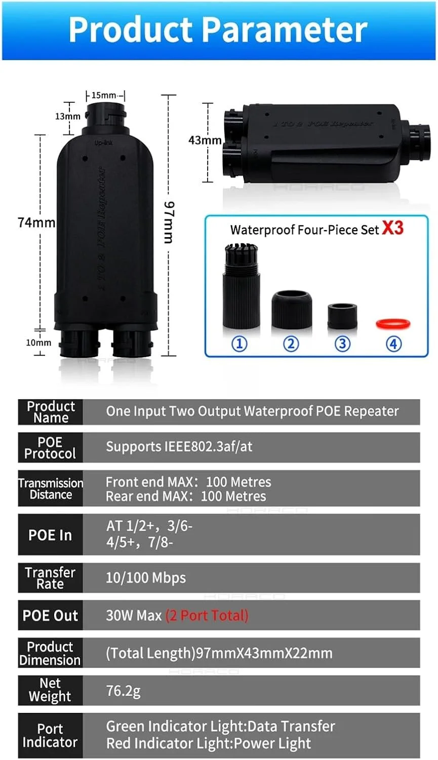 تکرار کننده دو پورت 100../M P-O//E ضد آب IP66، توسعه دهنده 1 به 2 P-O//E IEEE802.3af/at/bt 48V