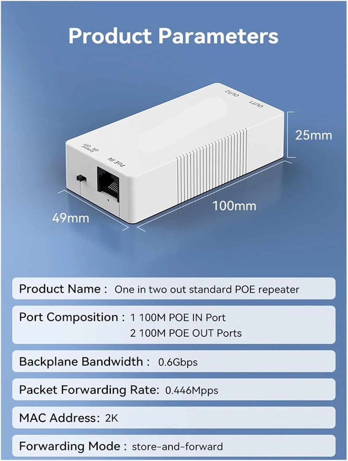 توسعه دهنده پورت POE دو پورت 100 متری، تکرار کننده POE یک به دو با محافظت IEEE802.3af/at 4KV، اتصال و پخش 48 ولت 30 وات