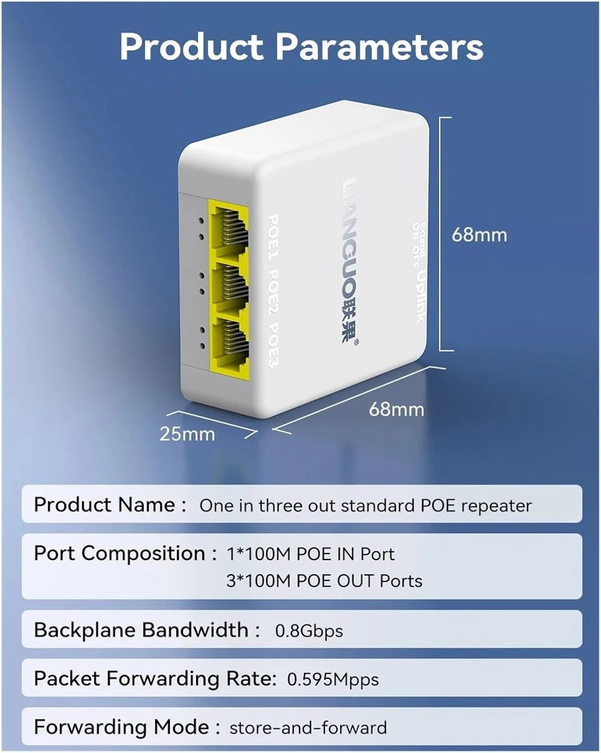 توسعه دهنده پورت شبکه با قابلیت تغذیه از طریق اترنت (P-O//E) با ۴ پورت و سرعت ۱۰۰ مگابیت بر ثانیه، سوئیچ تکرار کننده شبکه ۱ به ۳ با استاندارد IEEE802.3af و قابلیت نصب آسان