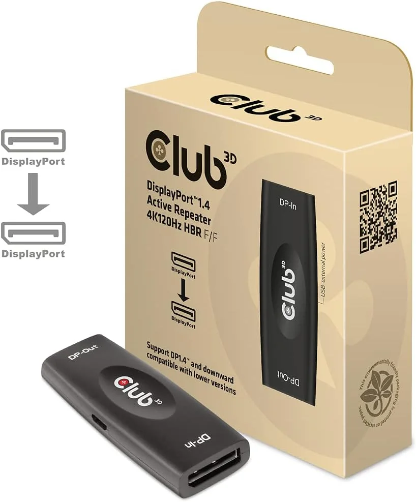 تکرار کننده فعال Club3D DP 1.4 4K120HZ HDR F/F displayport، W126175647 (تکرار کننده F/F displayport مشکی DP 1.4 4K120HZ HDR فعال F/F، displayport، displayport، مشکی)