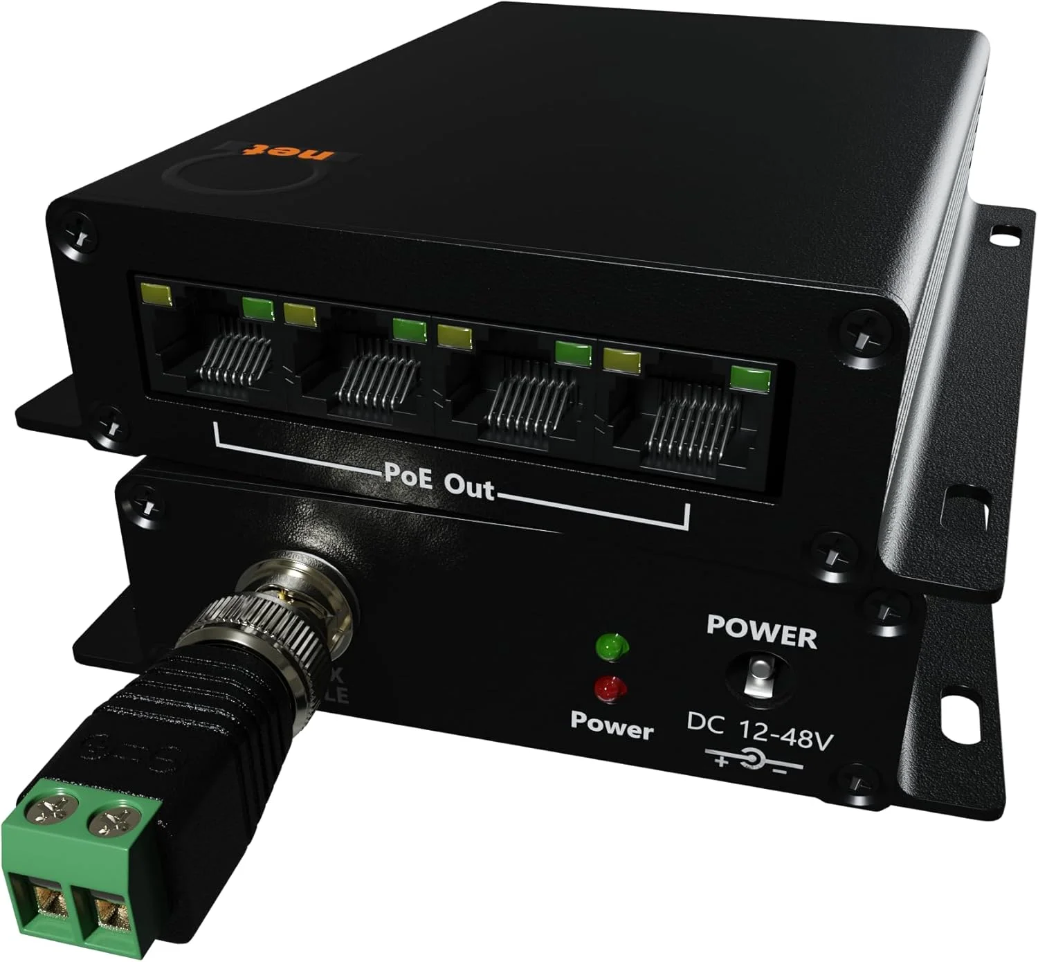 کیت توسعه دهنده LAN با قابلیت PoE، چهار پورت، برد 1000 متری، مناسب کابل UTP، سیم مسی یا BNC - تقویت کننده و توسعه دهنده برای دوربین های PoE یا هر دستگاه اترنت راه دور - برد PoE تا 500 متر - دارای آداپتور BNC