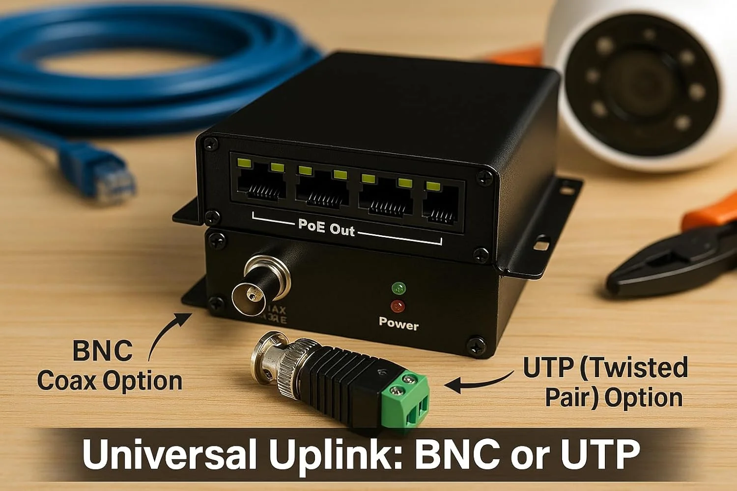 کیت توسعه دهنده LAN با قابلیت PoE، چهار پورت، برد 1000 متری، مناسب کابل UTP، سیم مسی یا BNC - تقویت کننده و توسعه دهنده برای دوربین های PoE یا هر دستگاه اترنت راه دور - برد PoE تا 500 متر - دارای آداپتور BNC