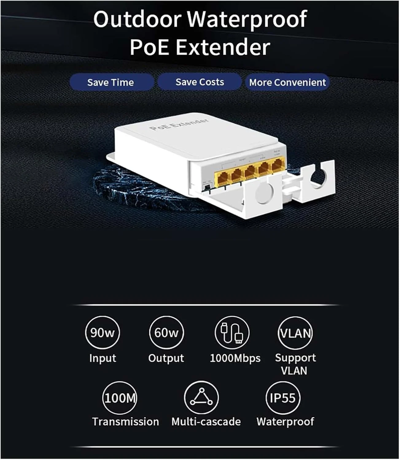 توسعه دهنده POE پنج پورت، تکرار کننده 4 پورت 100/1000 مگابیت بر ثانیه شبکه بیرونی IP55 VLAN 44-57V (1000M)
