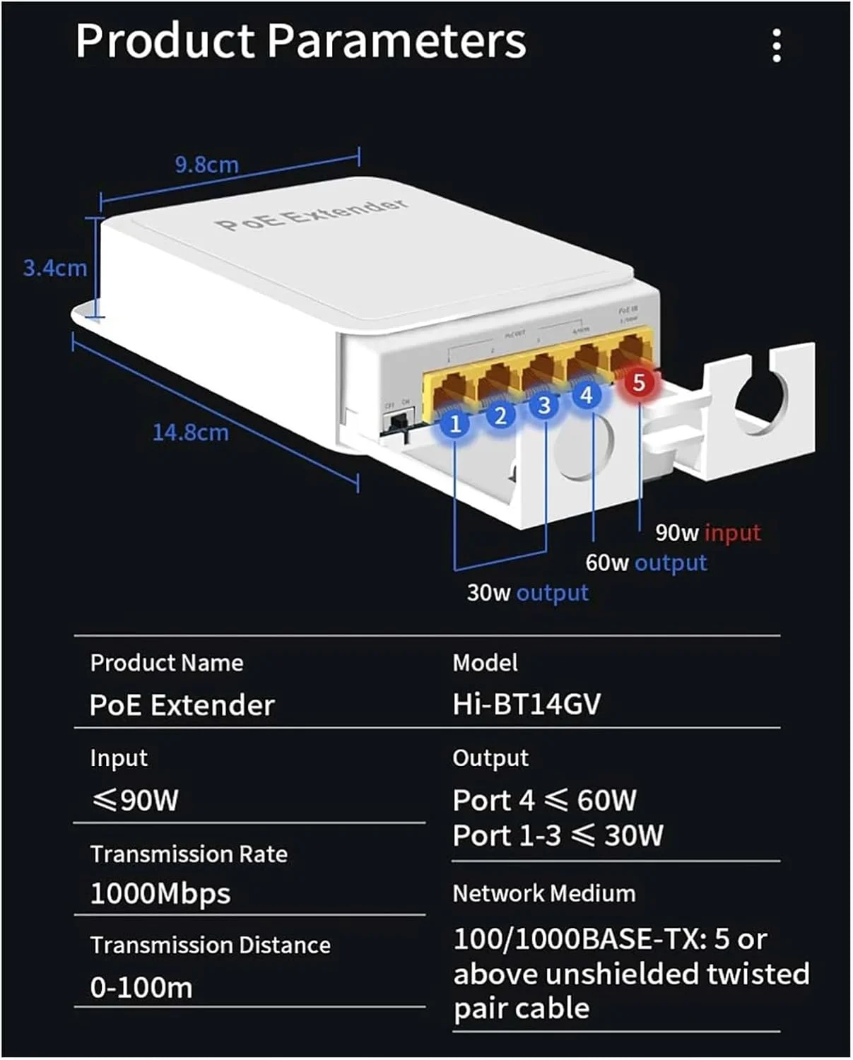 توسعه دهنده POE پنج پورت، تکرار کننده 4 پورت 100/1000 مگابیت بر ثانیه شبکه بیرونی IP55 VLAN 44-57V (1000M)