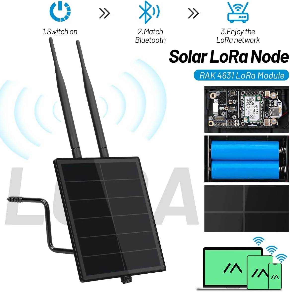دستگاه تکرار کننده KEEPTEEN D5 Solar Lora Node Meshtastic با برد Wisblock RAK19007 RAK4631 فرکانس 915 مگاهرتز، آنتن Mesh Lora، NRF52840 بلوتوث، پنل خورشیدی و باتری داخلی 5000 میلی آمپر