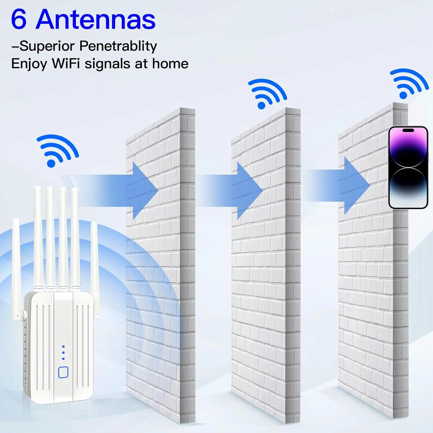 تقویت کننده وای فای توسعه دهنده اینترنت با 6 آنتن، توسعه دهنده وای فای با پورت اترنت، تقویت کننده وای فای تا 900 متر مربع، تکرار کننده وای فای، دستگاه های بیشتر، تقویت کننده سیگنال توسعه دهنده وای فای برای خانه، سفید