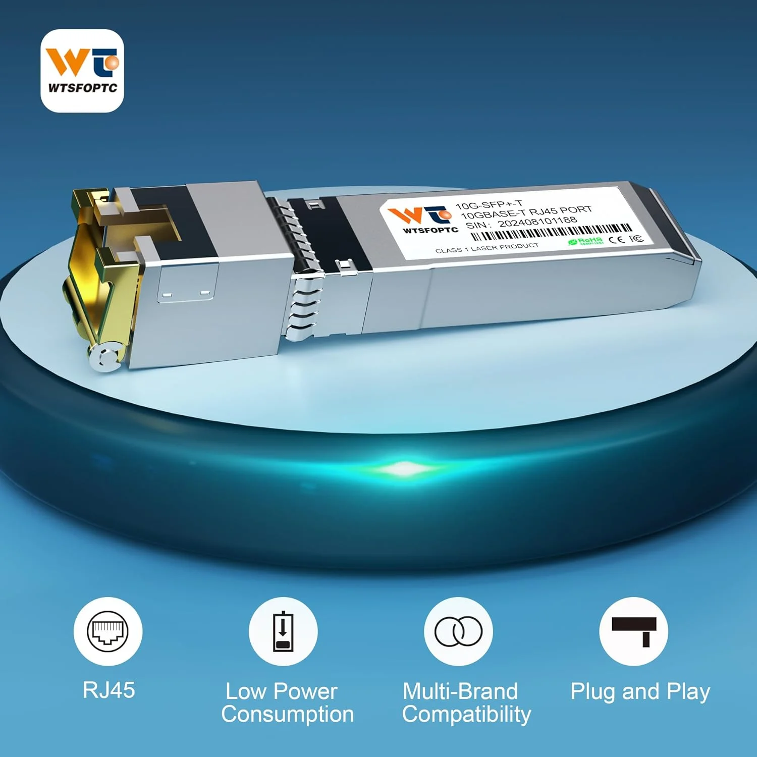 فرستنده و گیرنده 80 متری 10GBase-T SFP+ به RJ45، حداکثر 1.9 وات، فرستنده و گیرنده مسی CAT.6a، ماژول اترنت SFP+ با قابلیت مذاکره خودکار، برای سیسکو، نت گیر و غیره