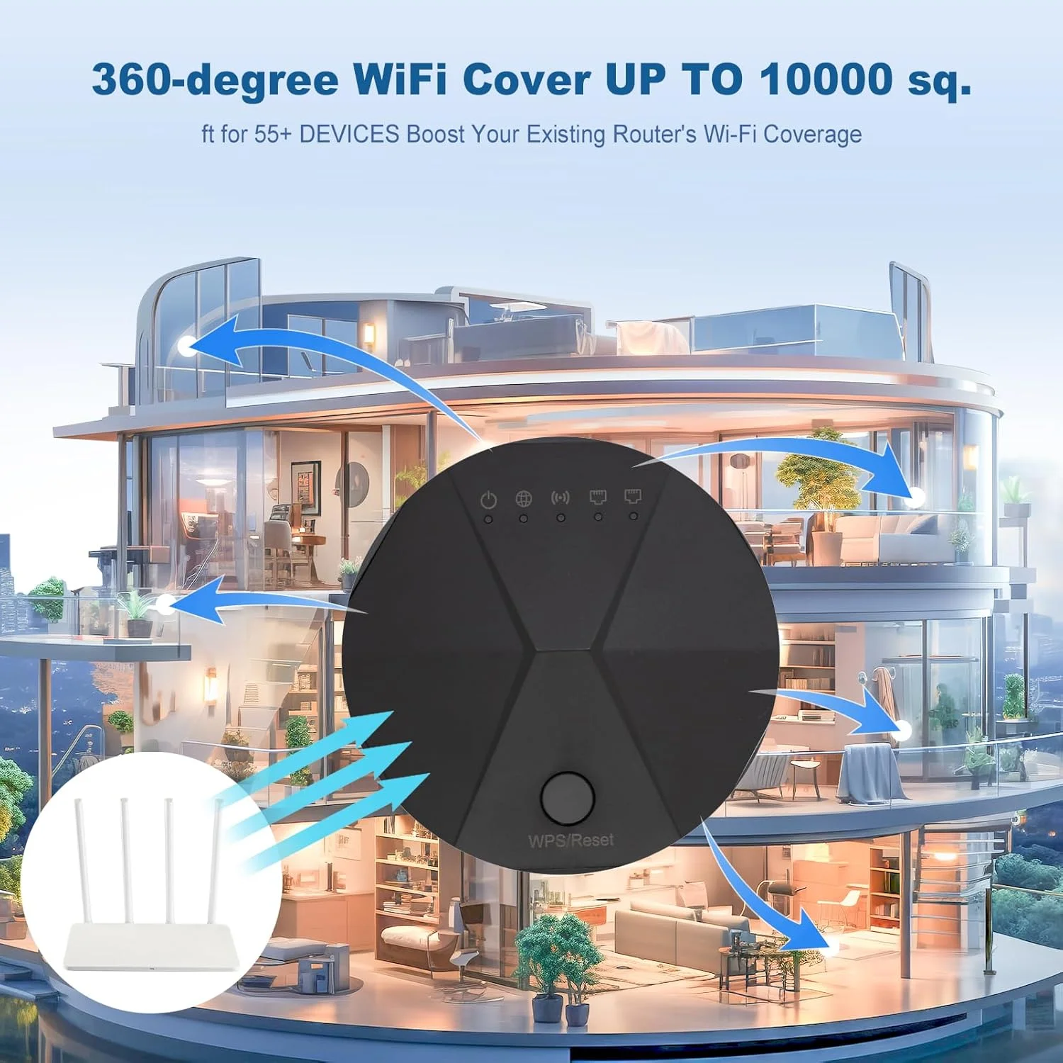 تقویت کننده سیگنال WiFi، تقویت کننده WiFi با سرعت دو بانده 1200 مگابیت بر ثانیه، تقویت کننده سیگنال WiFi برای خانه، تکرار کننده WiFi با پورت اترنت پوشش دهنده تا 929 متر مربع و بیش از 55 دستگاه (مشکی)