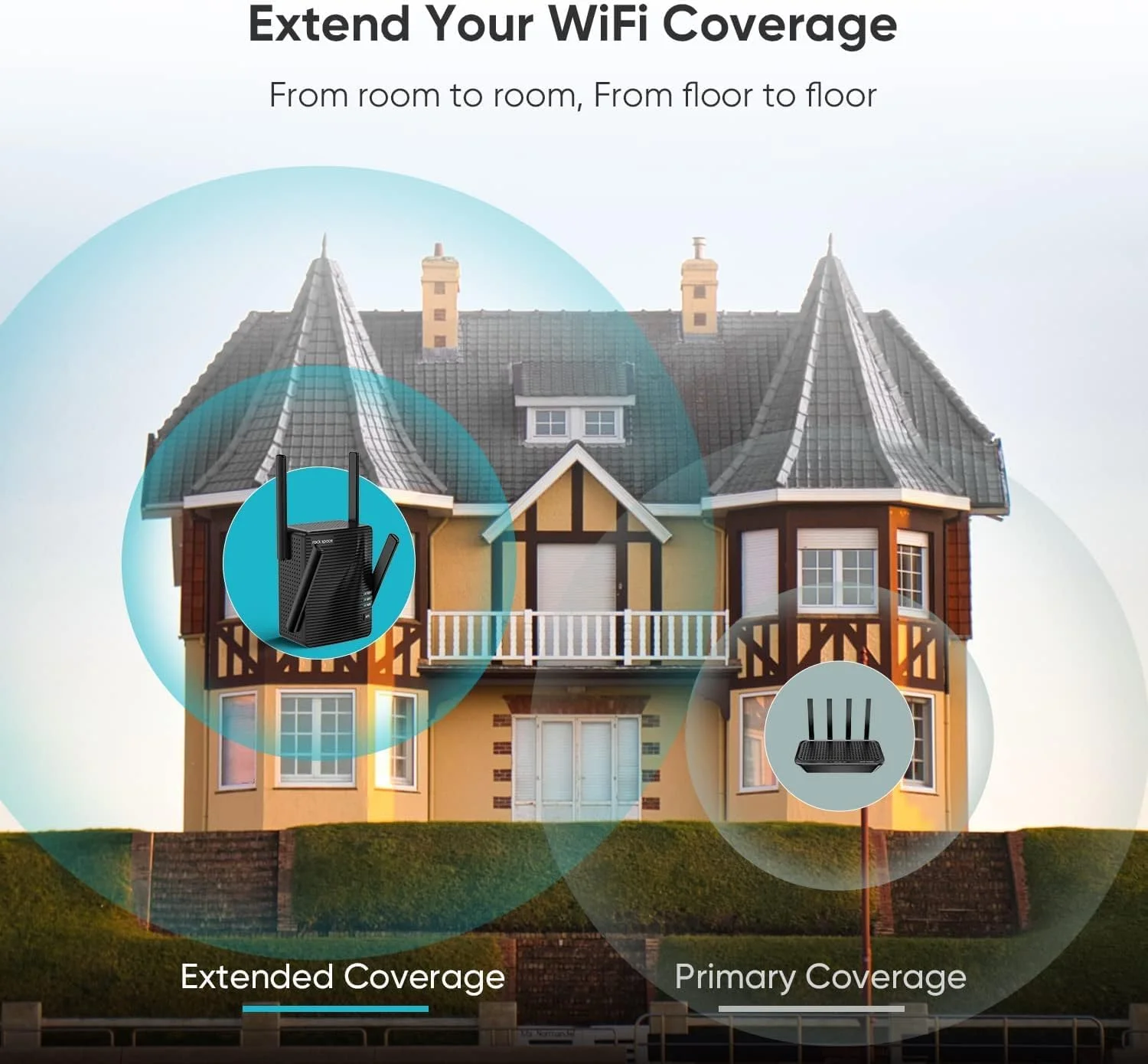 تقویت کننده وای فای rockspace - تقویت کننده وای فای، 2100 مگابیت بر ثانیه، دو بانده، پوشش دهی تا 1292 فوت مربع، پشتیبانی از چندین دستگاه، دارای پورت اترنت