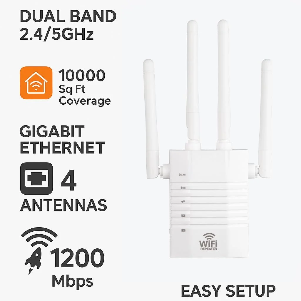 تقویت کننده سیگنال وای فای AC1200 - تکرار کننده دو باند 2.4/5 گیگاهرتز، 1200 مگابیت در ثانیه، پوشش 900 متر مربع، 2 پورت اترنت گیگابیتی، 4 آنتن، تعویض 1 ساله.