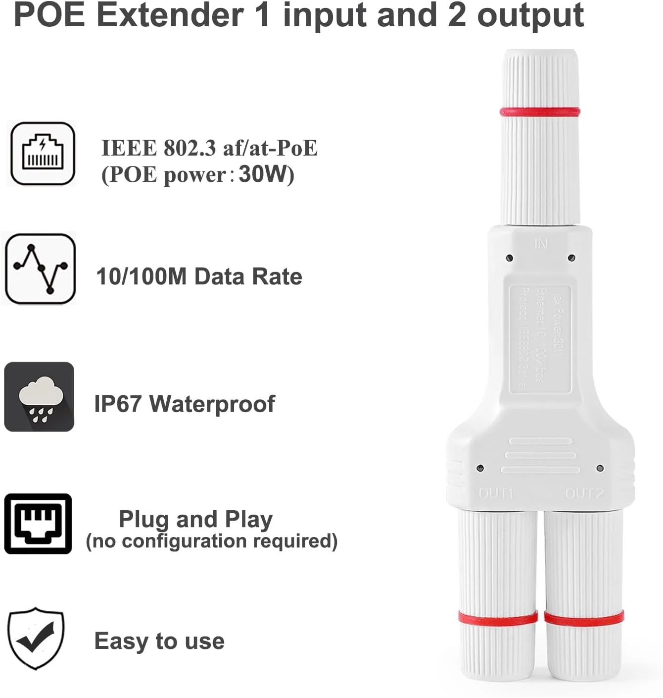 توسعه دهنده POE ضد آب IP67 مناسب فضای باز، 1 ورودی 2 خروجی 10/100 مگابیت بر ثانیه، تکرار کننده POE ضد آب، IEEE802.3af/at، نصب آسان برای سوئیچ POE و دوربین POE (WPOE1003)