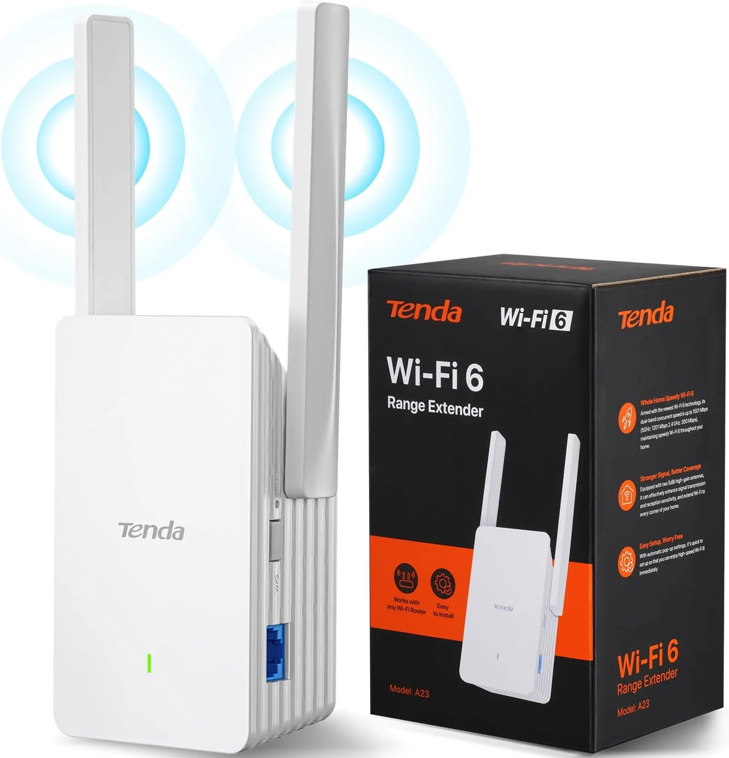 تقویت کننده وای فای تندا مدل AX1500 WiFi 6، پوشش دهنده تا 1500 فوت مربع و 30 دستگاه، تقویت کننده دو بانده وای فای با پورت اترنت گیگابیتی، حالت AP، نصب آسان WPS (A23)