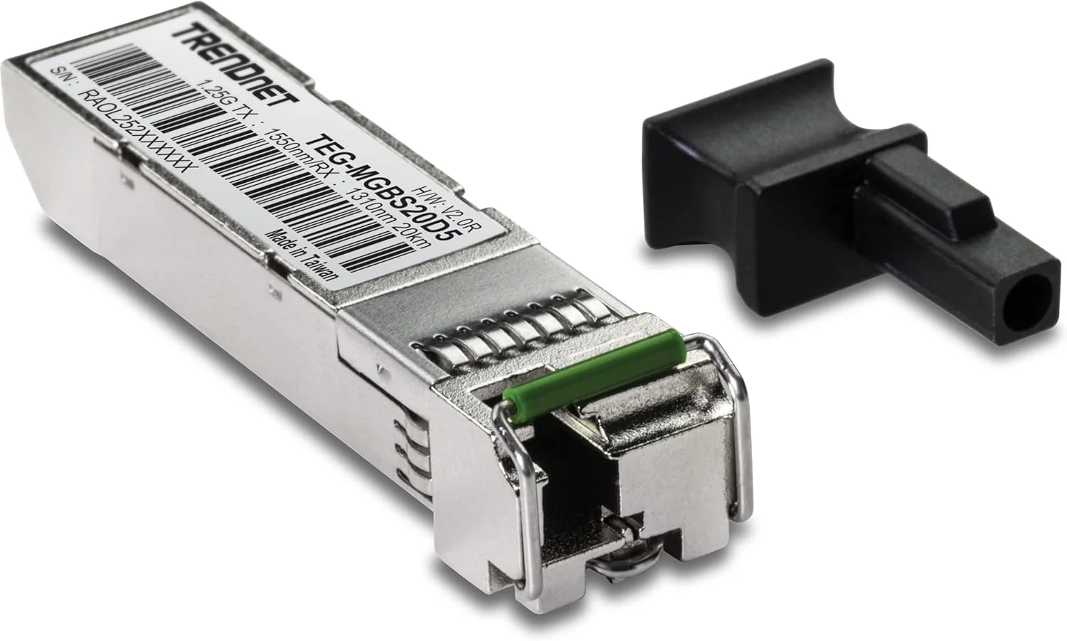 ماژول SFP به RJ45 تک حالته دو طول موج TRENDnet مدل TEG-MGBS20D5، باید با TEG-MGBS20D3 یا یک ماژول سازگار جفت شود، تا 20 کیلومتر، SFP دو طرفه (WDM)، 1550/1310