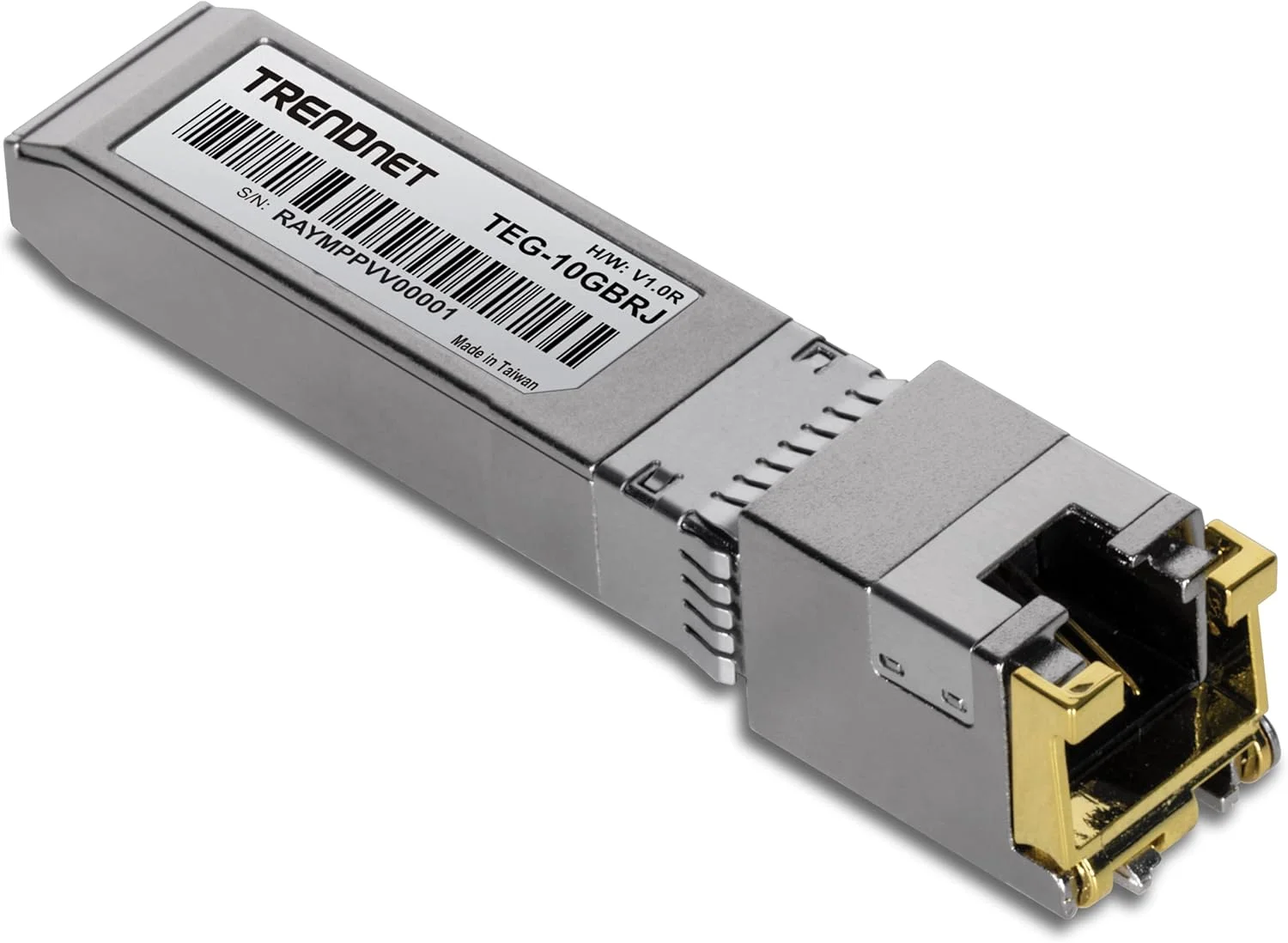 ماژول SFP+ مسی 10G RJ-45 ترندنت مدل TEG-10GBRJ، تبدیل اسلات استاندارد SFP+ به پورت چند گیگابیتی RJ-45، اتصال دستگاه ها تا 30 متر، قابلیت تعویض سریع، نقره ای
