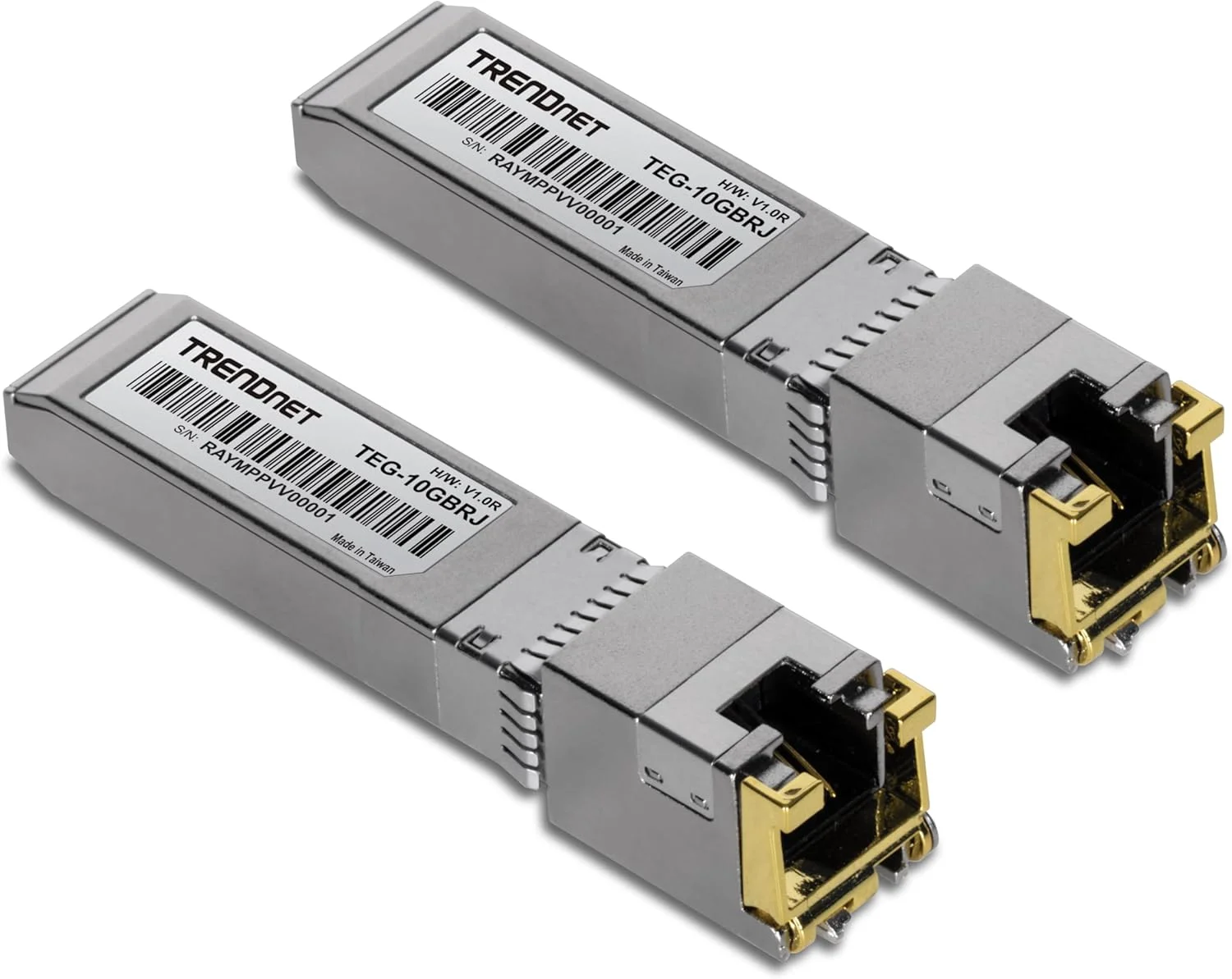 ماژول‌های SFP+ مسی 10G RJ-45 ترندنت (بسته 2 عددی)، مدل TEG-10GBRJ/2، تبدیل اسلات استاندارد SFP+ به پورت چند گیگابیتی RJ-45، اتصال دستگاه‌ها تا 30 متر، قابلیت تعویض سریع، نقره‌ای
