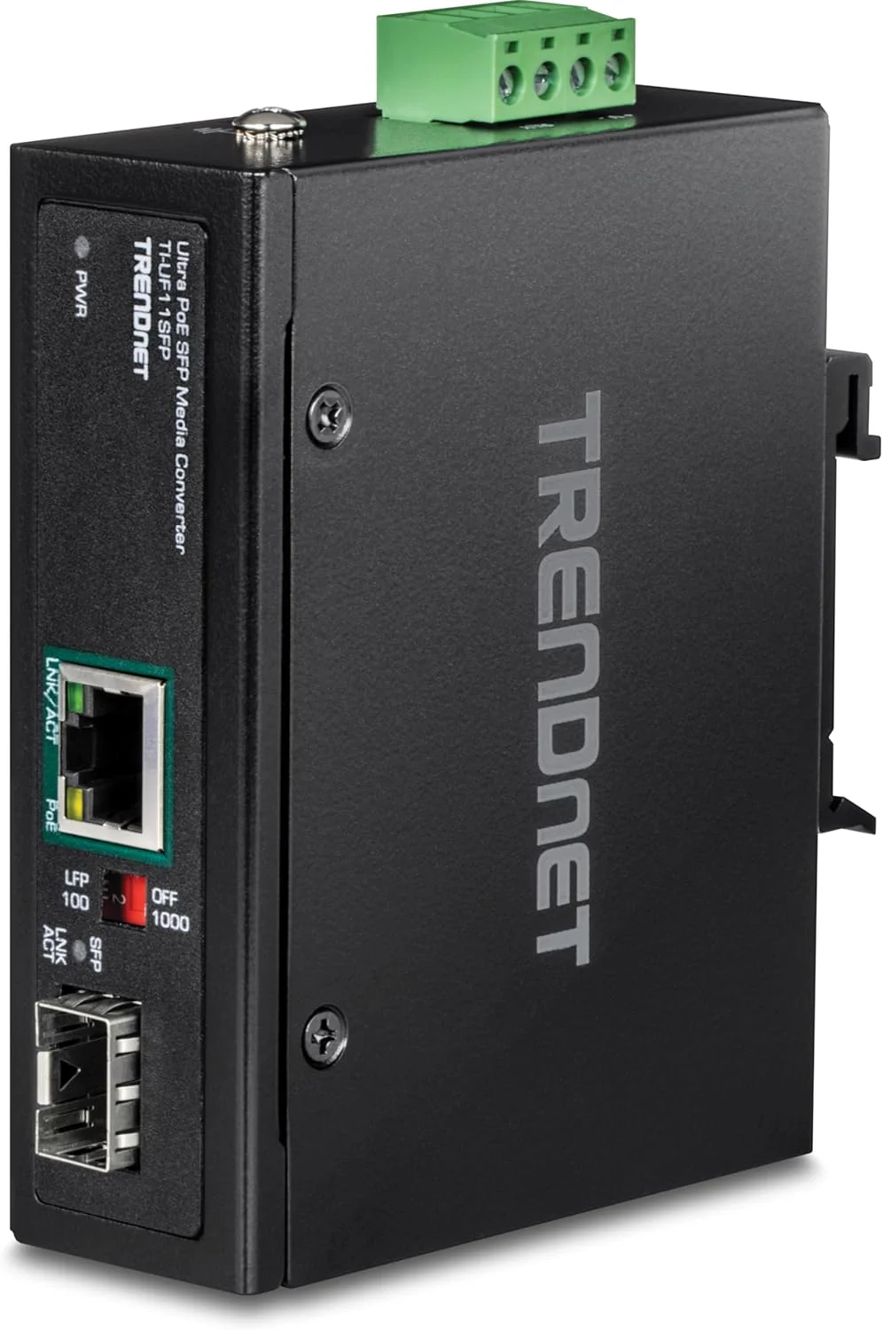مبدل صنعتی SFP به گیگابیت UPoE ترندنت، محفظه دارای استاندارد IP30، شامل ریل DIN و پایه های دیواری، دمای عملیاتی -40 تا 75 درجه سانتیگراد، مدل TI-UF11SFP، مشکی