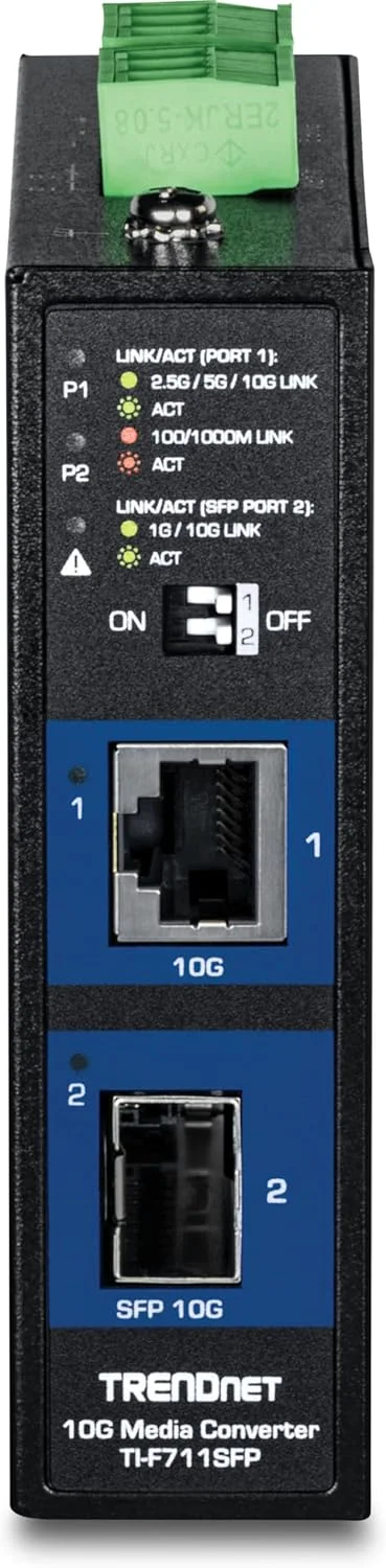 مبدل رسانه صنعتی 10G SFP+ ترندنت مدل TI-F711SFP، دارای استاندارد IP50 برای دمای بسیار بالا، اسپلیتر اترنت، شامل پایه های نصب ریلی DIN و دیواری، سازگار با NDAA TAA برای استفاده های دولتی