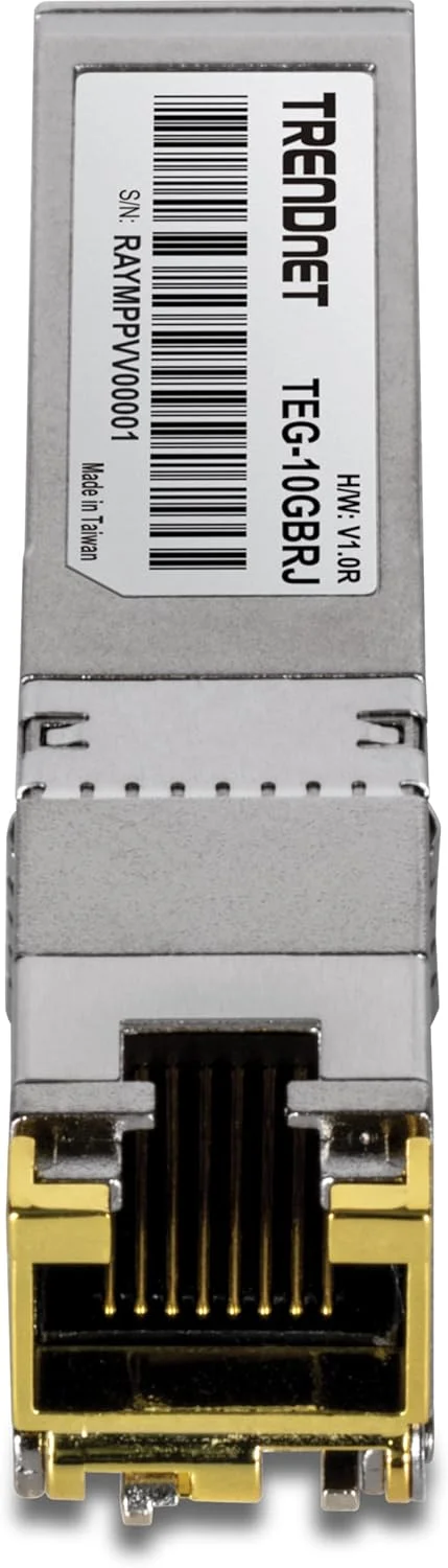 ماژول‌های SFP+ مسی 10G RJ-45 ترندنت (بسته 2 عددی)، مدل TEG-10GBRJ/2، تبدیل اسلات استاندارد SFP+ به پورت چند گیگابیتی RJ-45، اتصال دستگاه‌ها تا 30 متر، قابلیت تعویض سریع، نقره‌ای