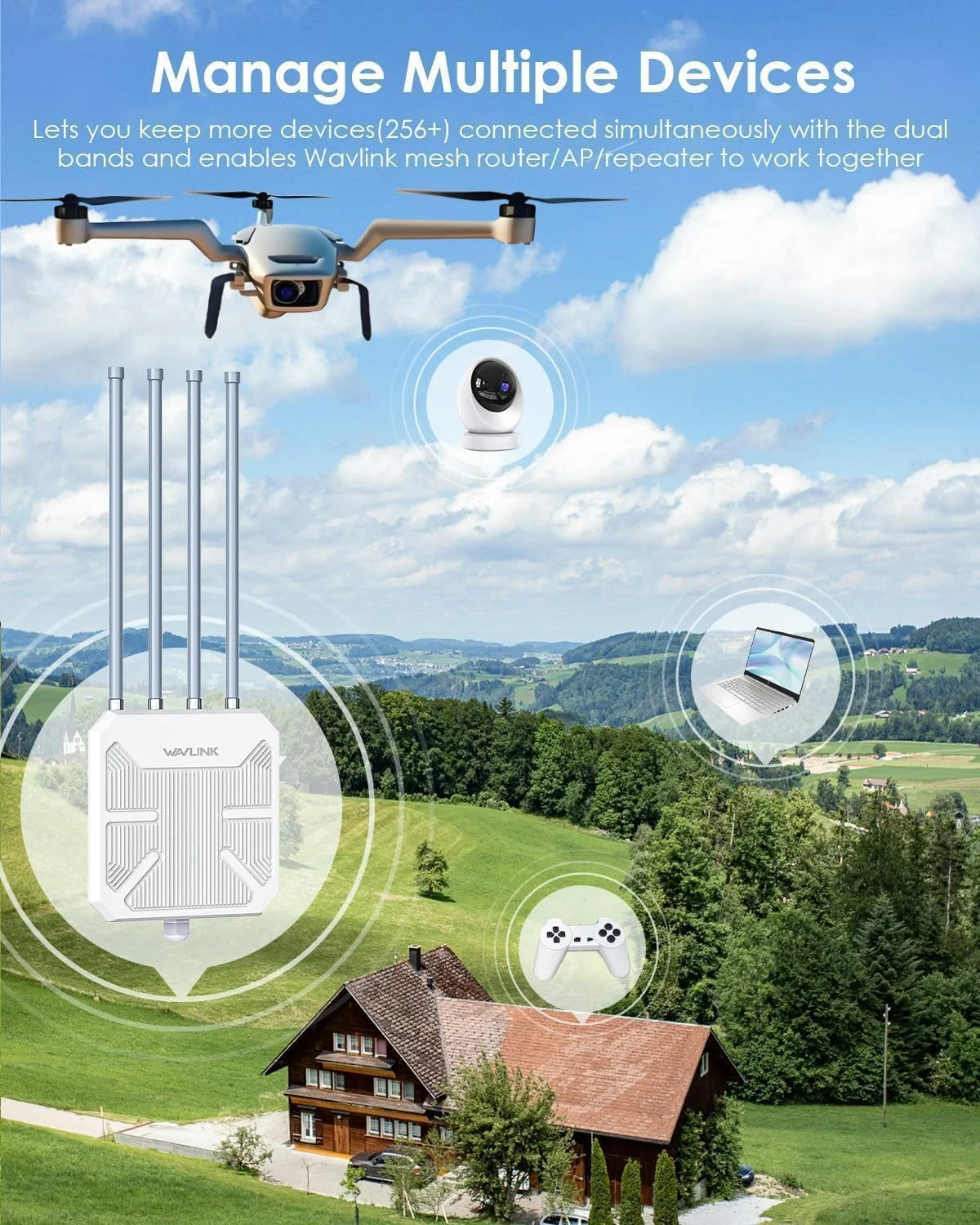 تکرار کننده بی سیم بیرونی WAVLINK 2025 AX3000 WiFi 6، توسعه دهنده WiFi برد بلند بیرونی با دو باند/PoE/IP67 / توان 600mW/ پشتیبانی از 256 دستگاه، سازگار با Starlink، پشتیبانی از مزرعه، کمپینگ