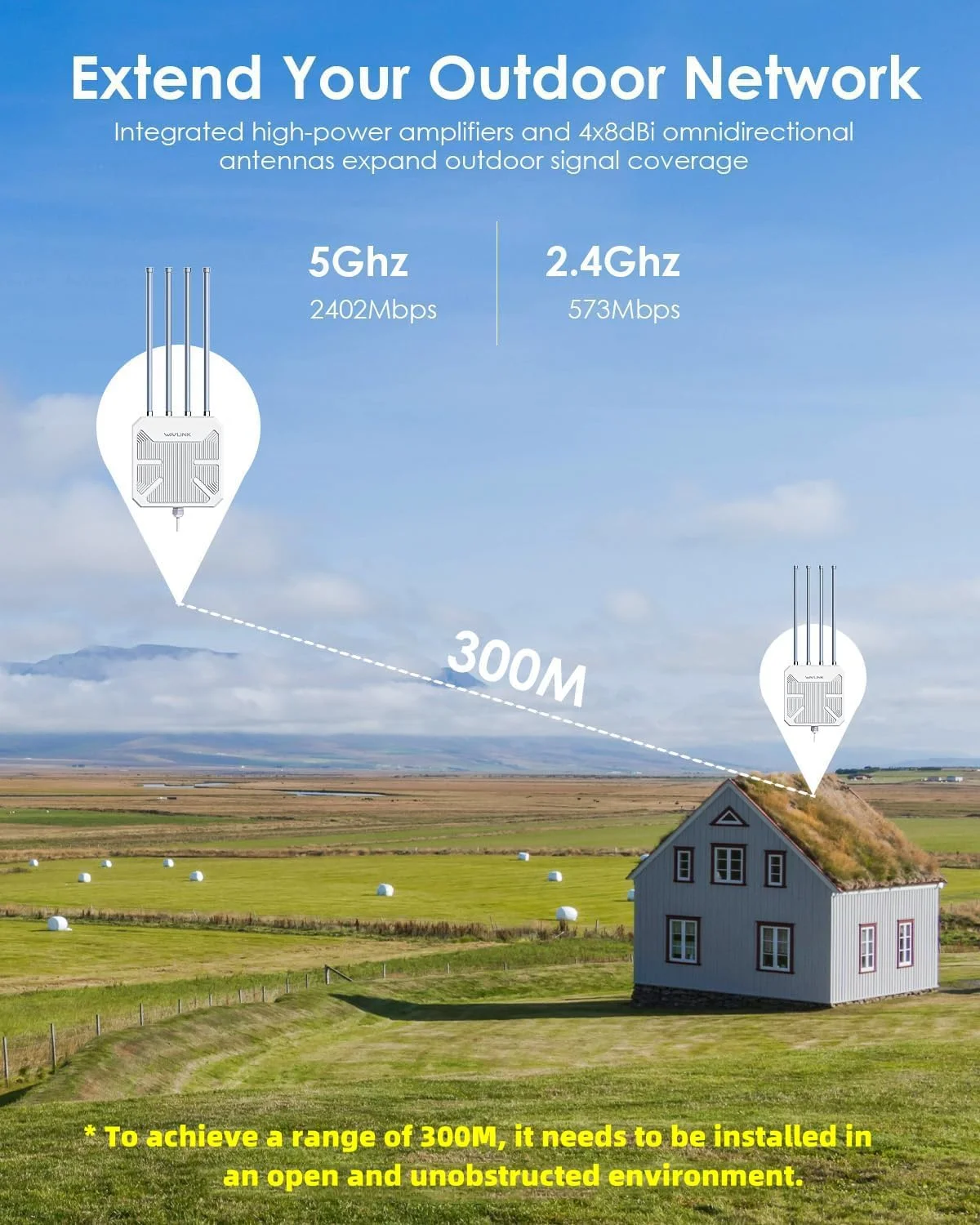 تکرار کننده بی سیم بیرونی WAVLINK 2025 AX3000 WiFi 6، توسعه دهنده WiFi برد بلند بیرونی با دو باند/PoE/IP67 / توان 600mW/ پشتیبانی از 256 دستگاه، سازگار با Starlink، پشتیبانی از مزرعه، کمپینگ