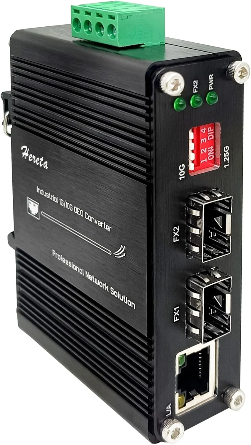 مبدل صنعتی 1G/10G SFP+ به SFP+ OEO تکرار کننده فیبر با عملکرد مبدل رسانه اترنت 1G، 2 پورت باز SFP+ + 1 پورت RJ45، IP40، پشتیبانی از ورودی 12~48V DC، توسعه دهنده فیبر تا 120 کیلومتر